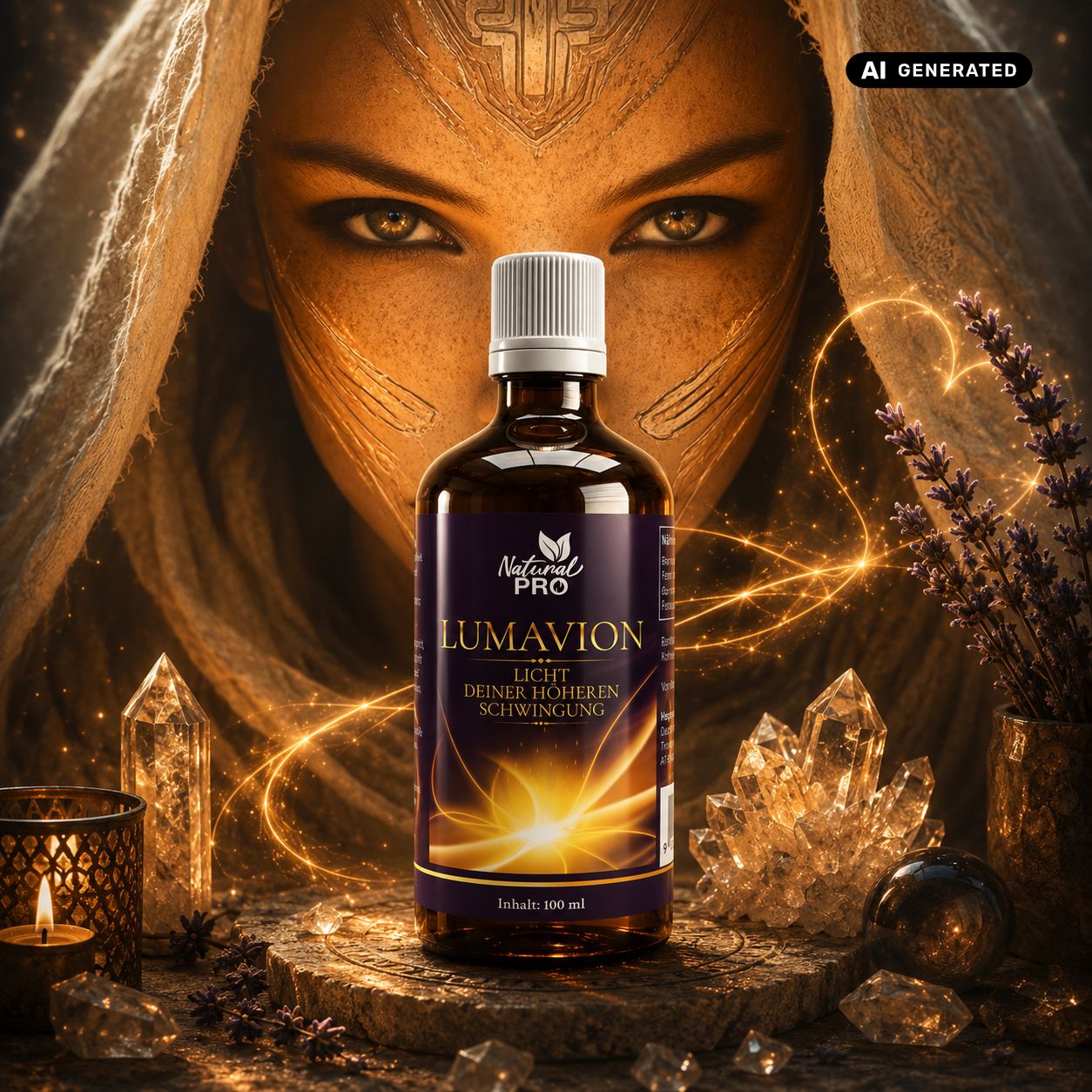 Dunkelbraune Glasflasche mit weißem Schraubverschluss, gefüllt mit Lumavion Essenz. Das Etikett zeigt goldene Lichtstrahlen und den Produktnamen.