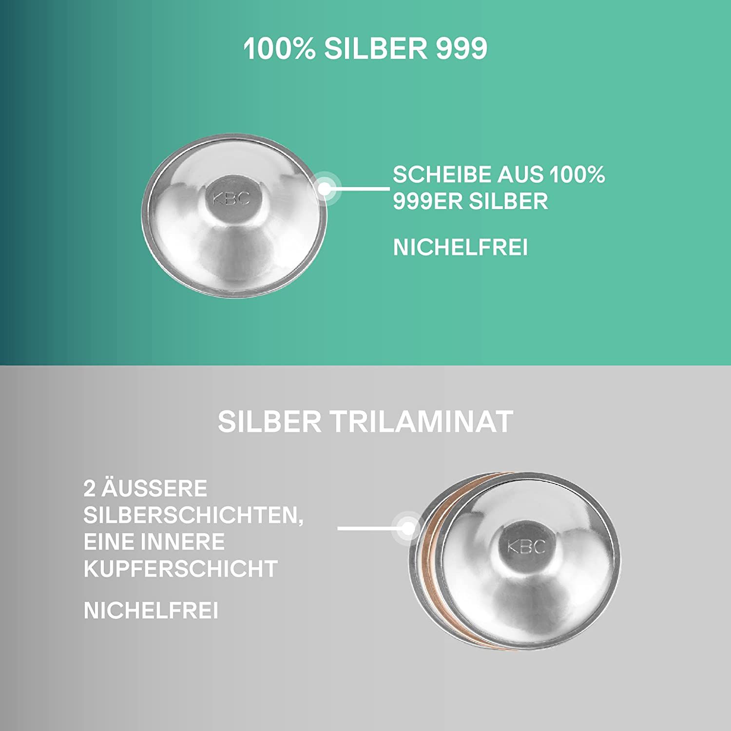 Zwei Brustwarzenhütchen. Material: 100% Silber 999, nickelfrei. Aufbau: 2 äußere Silberschichten, eine innere Kupferschicht. Text: Silber Trilaminat.