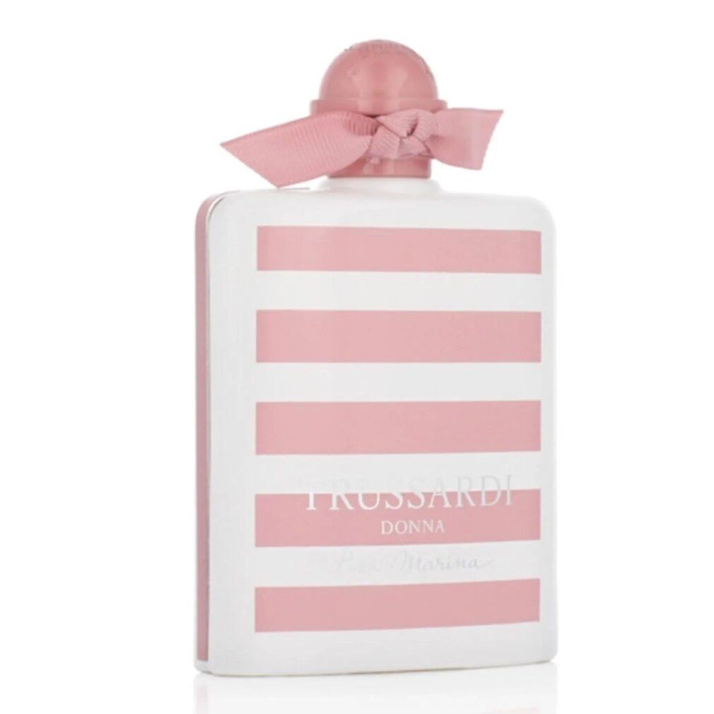 Flakon mit rosa Streifen, rosa Verschluss und Schleife. Schriftzug: Trussardi Donna Pink Marina.