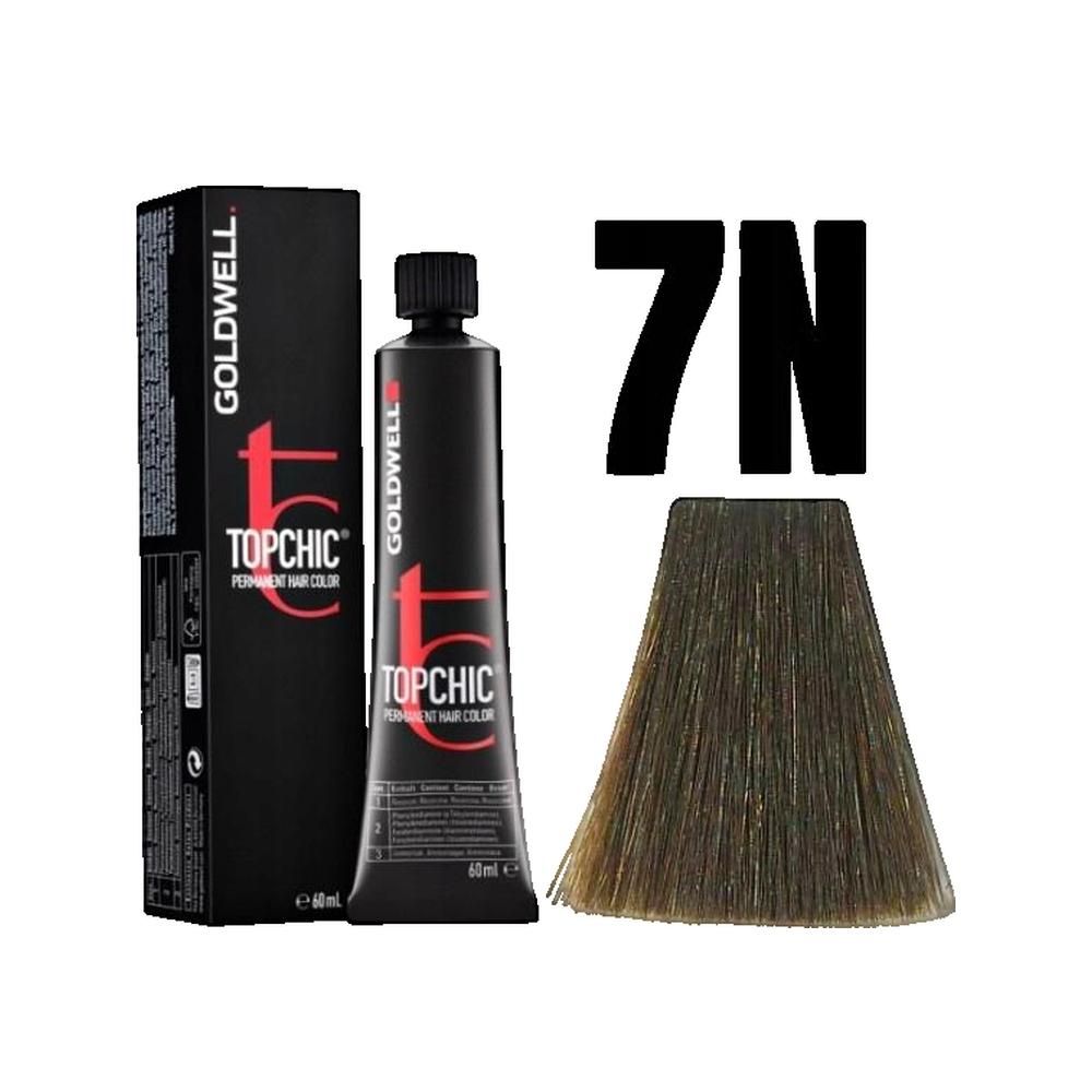 Goldwell Topchic Haarfarbe, Tube und Schachtel. Farbsträhne und die Nummer 7N. Schwarze Tube mit roter Schrift.