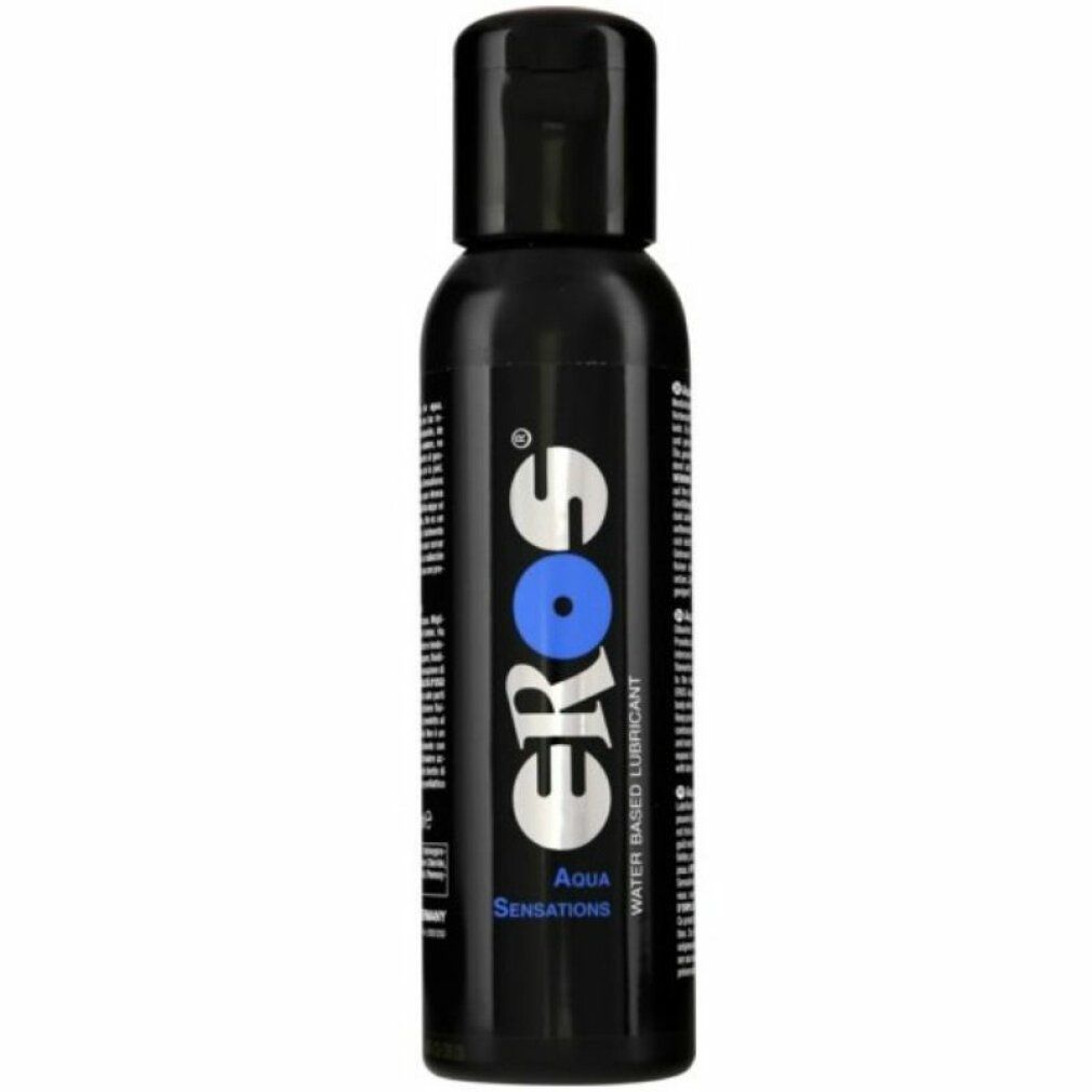 Schwarze Flasche mit schwarzem Deckel. Aufschrift: EROS, Aqua Sensations. Text: Water Based Lubricant.