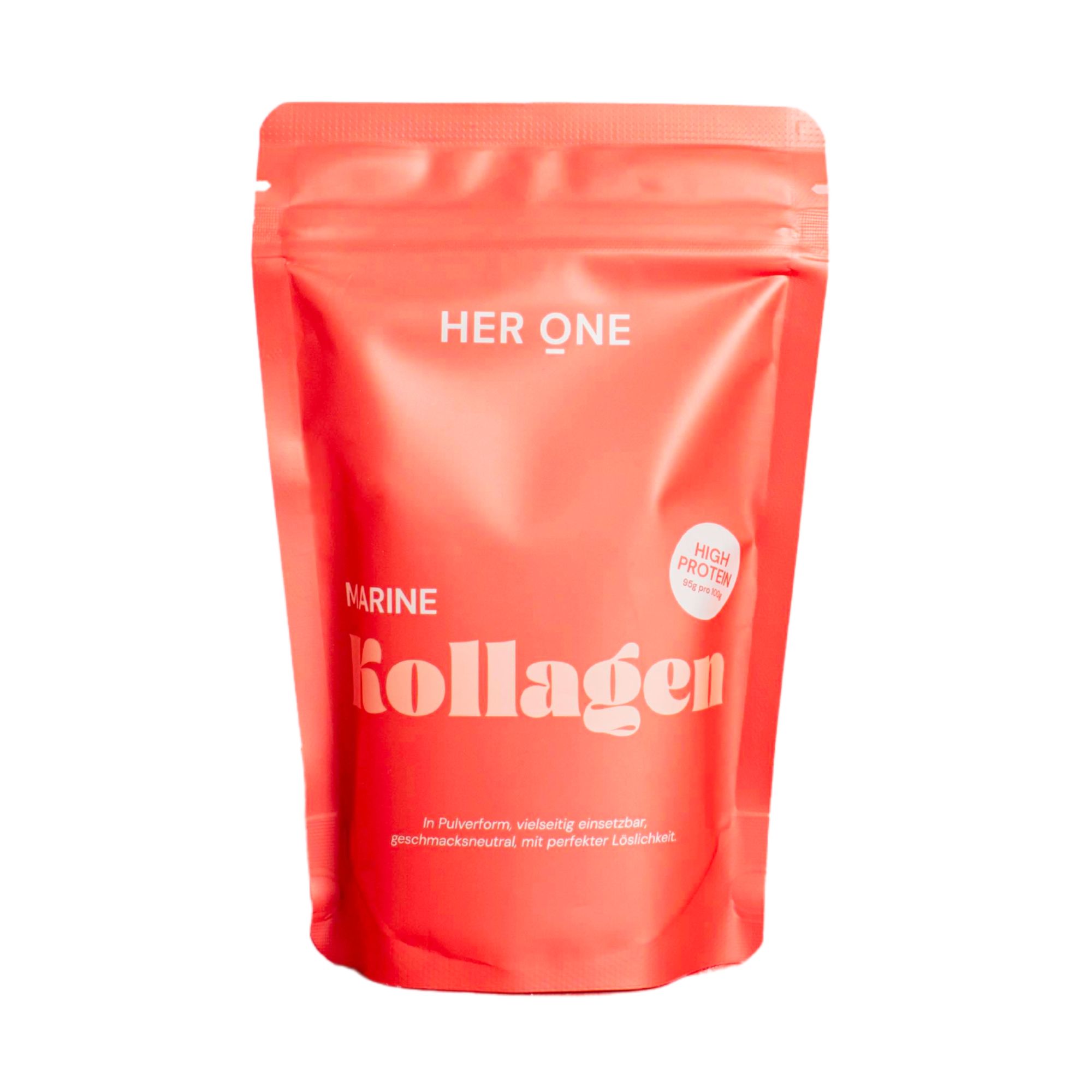 Rote Tüte "HER ONE Marine Kollagen". Text: In Pulverform, leicht löslich, geschmacksneutral, mit partiellem Libel.