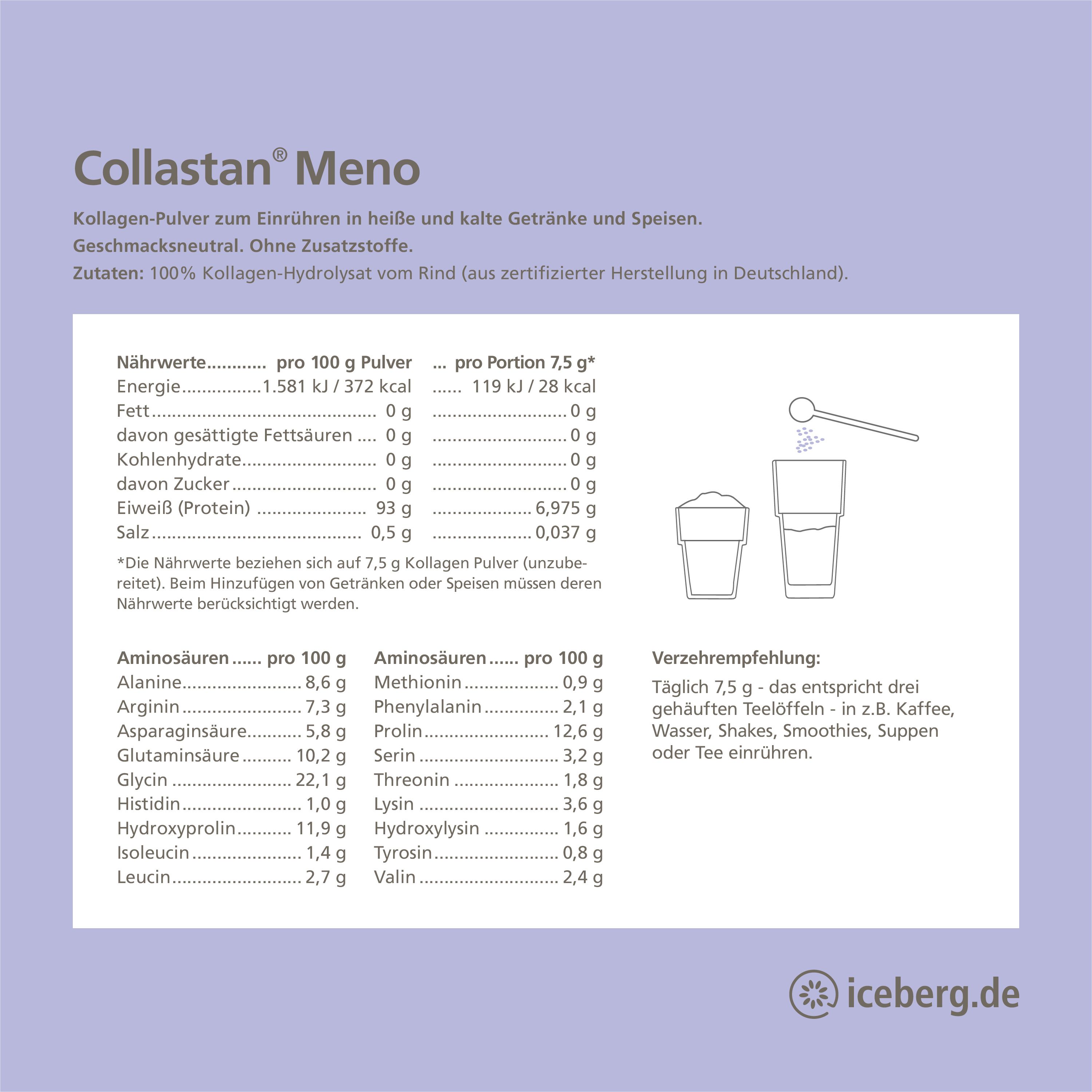 Nährwerttabelle und Zubereitungshinweise für Collastan Meno Kollagen-Pulver. Enthält Informationen zu Inhaltsstoffen und Aminosäuren.