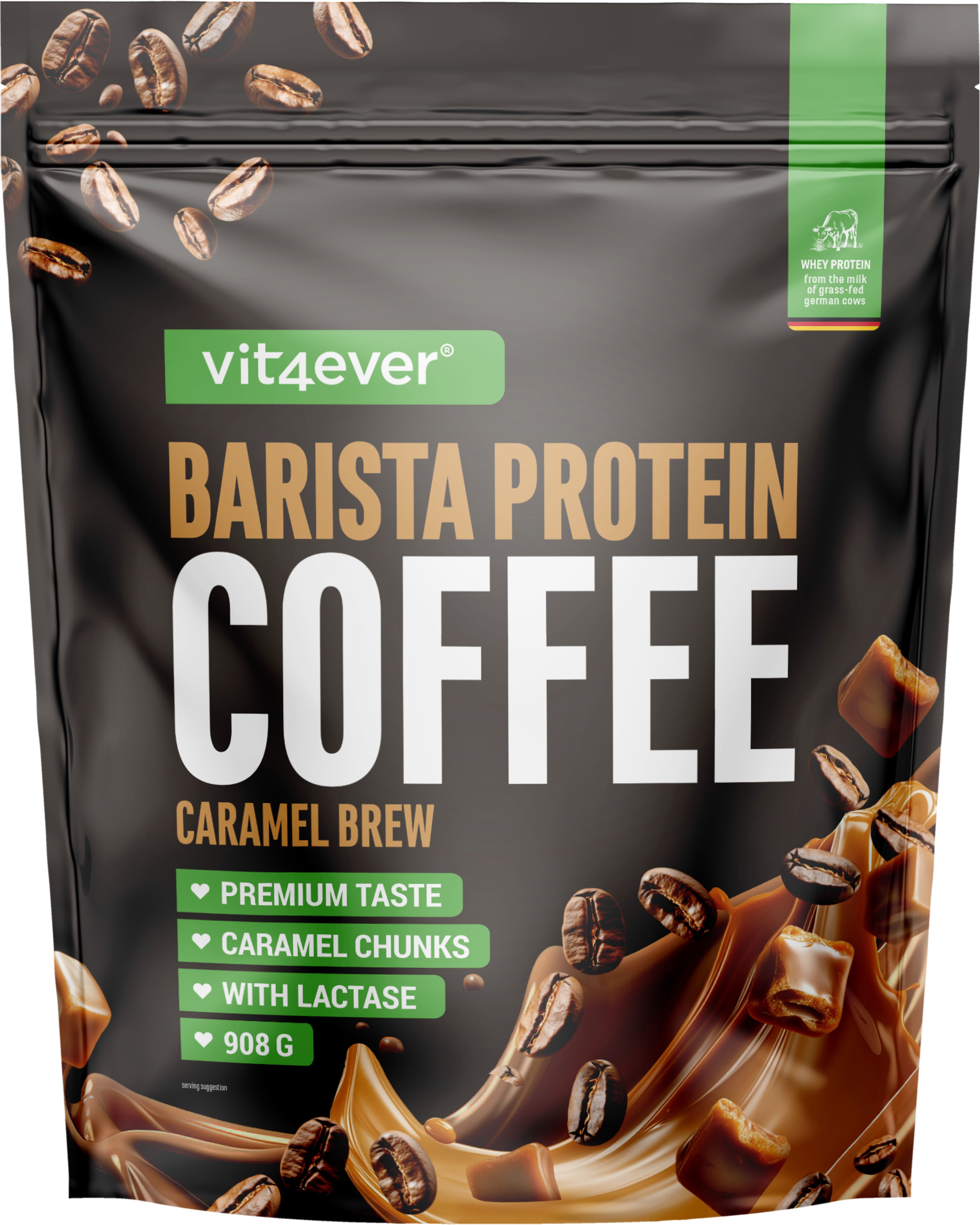 Schwarze Tüte mit "vit4ever Barista Protein Coffee". Aufschrift: Caramel Brew, Premium Taste, Caramel Chunks, With Lactase, 908g.