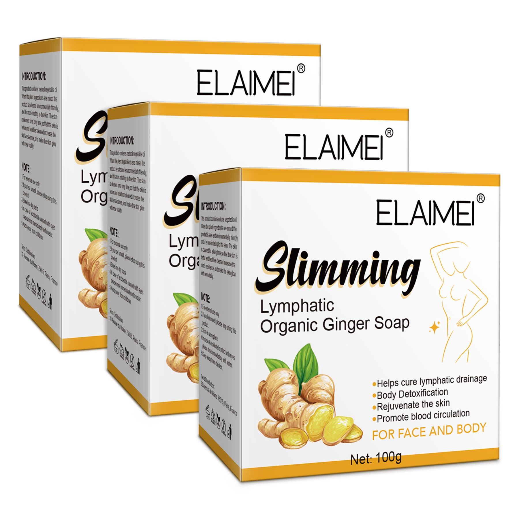 Drei Kartons mit "ELAIMEI" und "Slimming Lymphatic Organic Ginger Soap". Aufdrucke: Ingwer, Frau Silhouette.