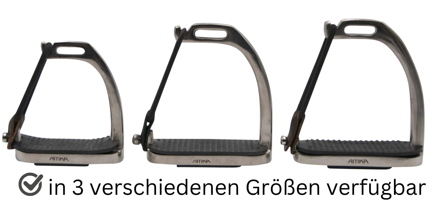 Drei AMKA Sicherheitssteigbügel in verschiedenen Größen. Text: in 3 verschiedenen Größen verfügbar.