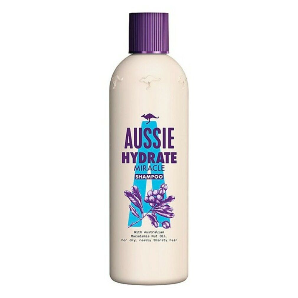Beige Shampoo-Flasche mit lila Deckel. Aufschrift: Aussie Hydrate Miracle Shampoo. Mit australischem Macadamia-Nussöl.