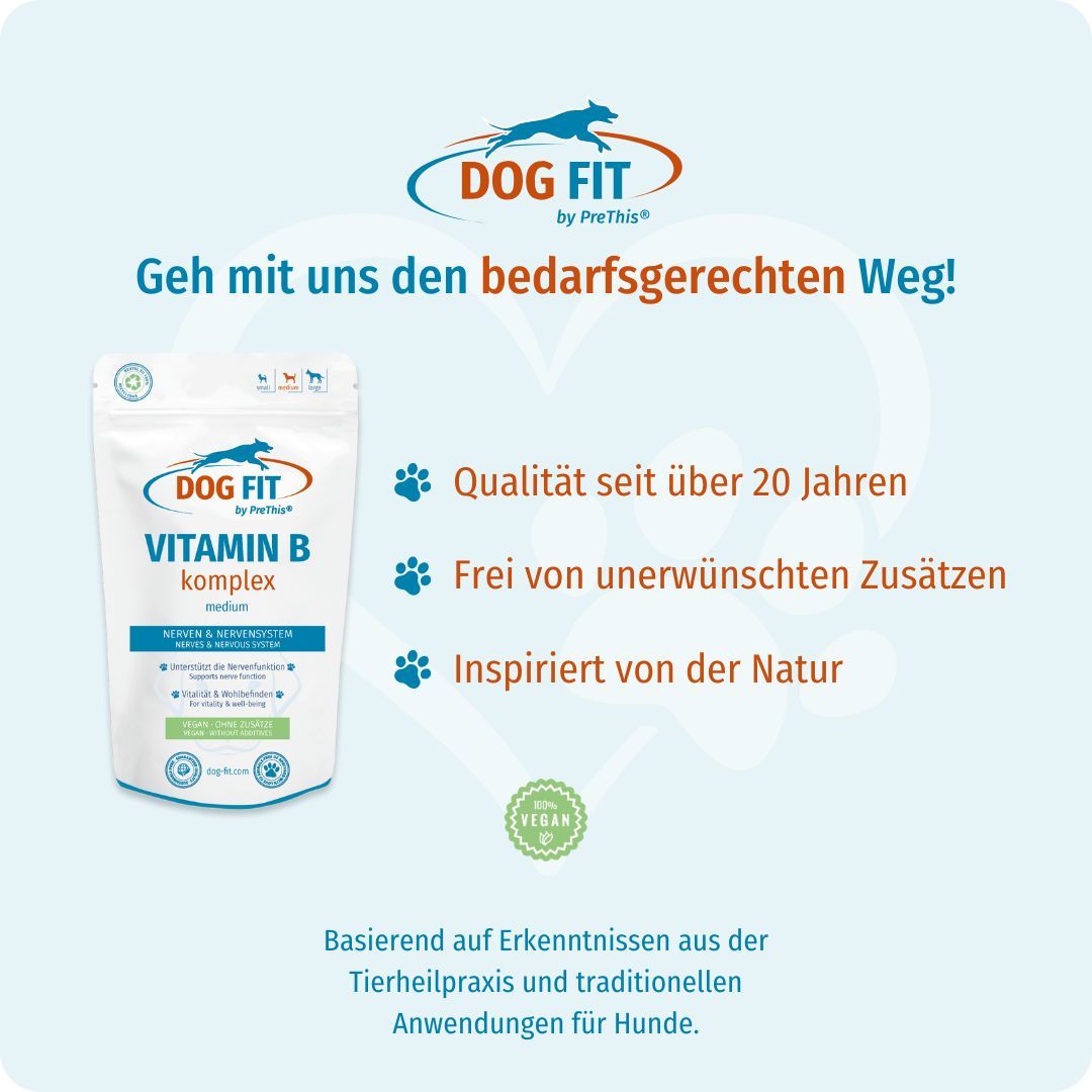Produkt DOG FIT by PreThis® VITAMIN B für Hunde. Verpackung mit Text: VITAMIN B komplex medium. Vegan-Siegel. Text: Qualität seit über 20 Jahren.