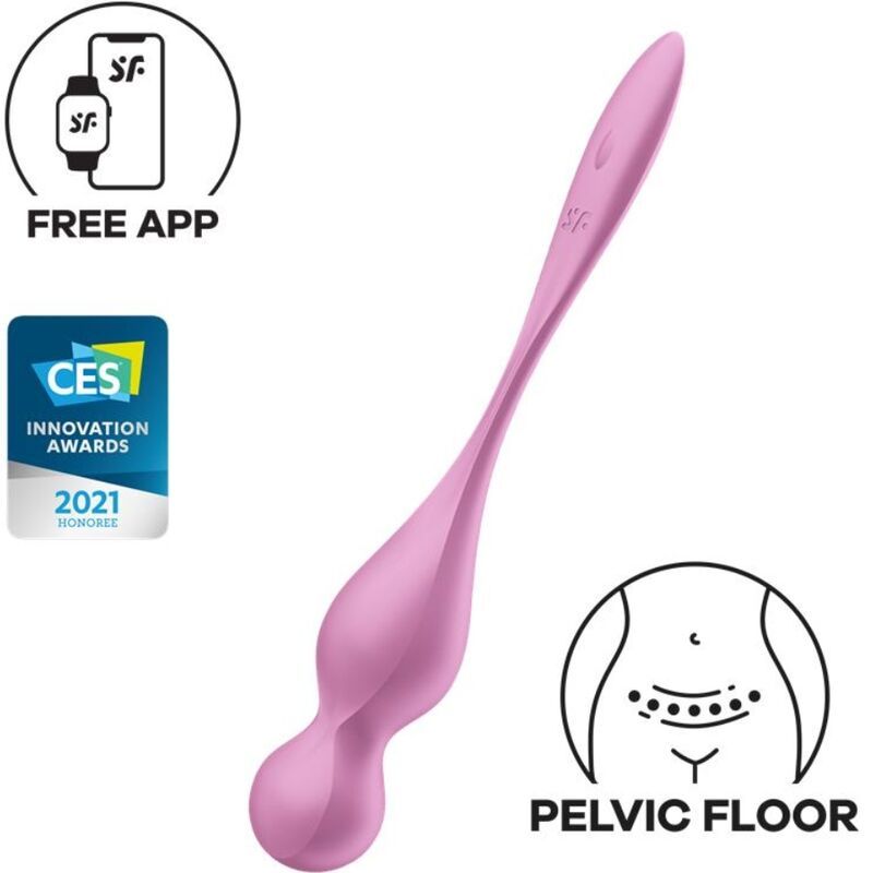 Rosa Vibrationskugel. Form: länglich mit zwei Kugeln. Merkmale: Bluetooth, App-Anbindung. Auszeichnung: CES Innovation Awards 2021.