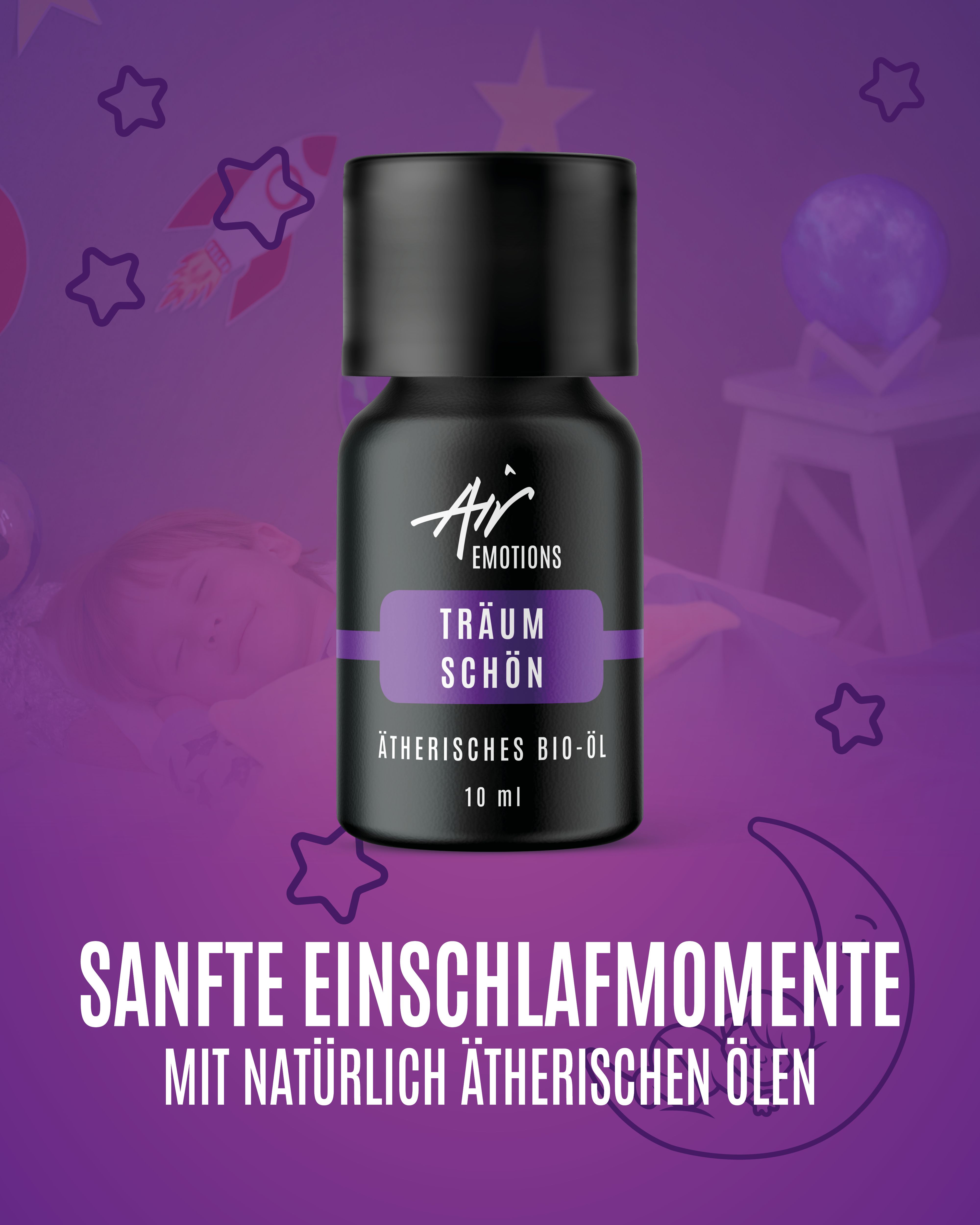Flasche "Träum schön" vor lila Hintergrund mit Kind und Sternen. Text: Sanfte Einschlafmomente mit natürlich ätherischen Ölen.
