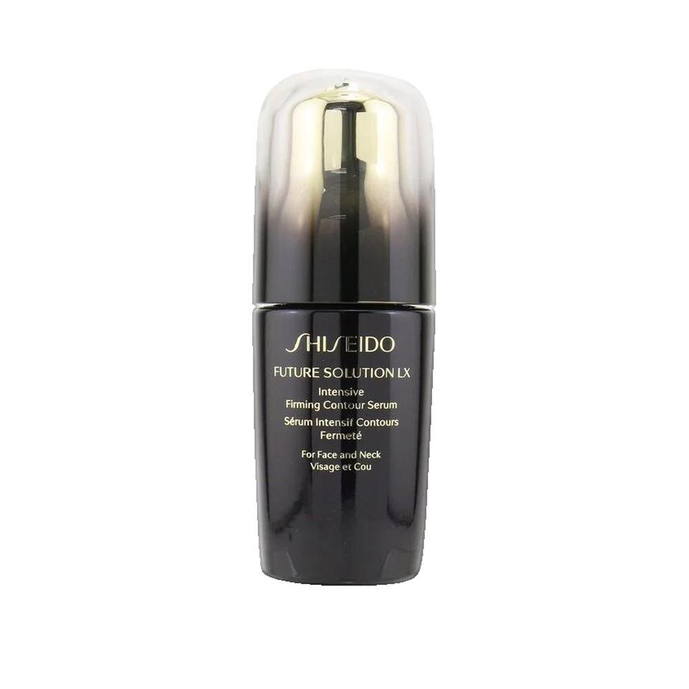 Schwarze Flasche mit goldenem Deckel. Text: Shiseido Future Solution LX, Intensive Firming Contour Serum.