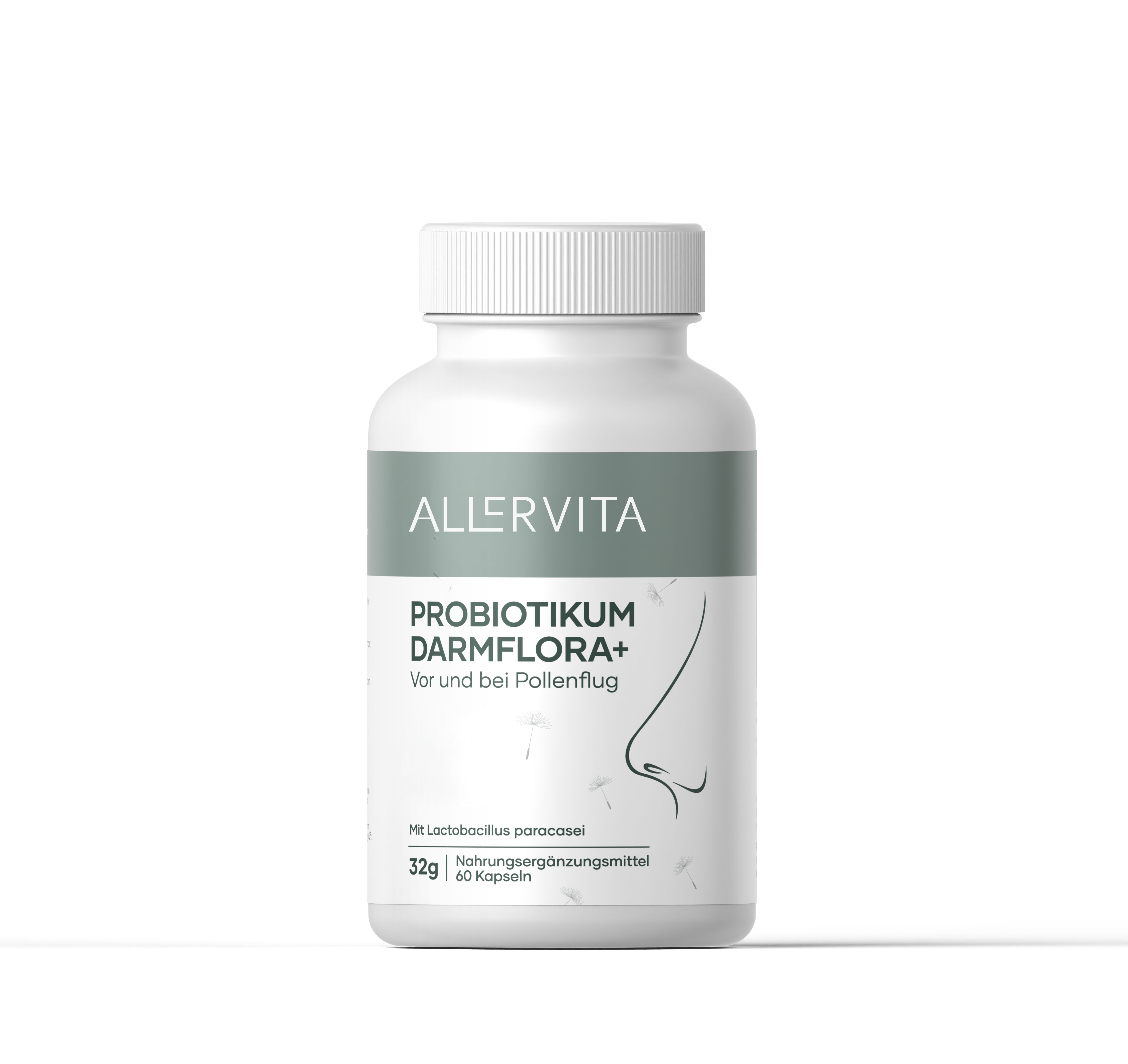 Weiße Flasche ALLERVITA Probiotikum Darmflora+ mit 60 Kapseln. Text: Vor und bei Pollenflug. Mit Lactobacillus paracasei. 32g.