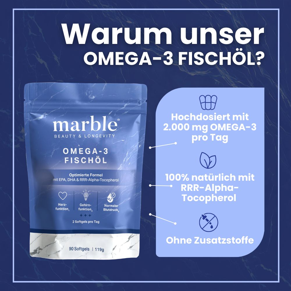 Beutel mit marble Omega-3 Fischöl. Enthält 90 Softgels. Text: Hochdosiert mit 2.000 mg Omega-3 pro Tag, 100% natürlich, ohne Zusatzstoffe.