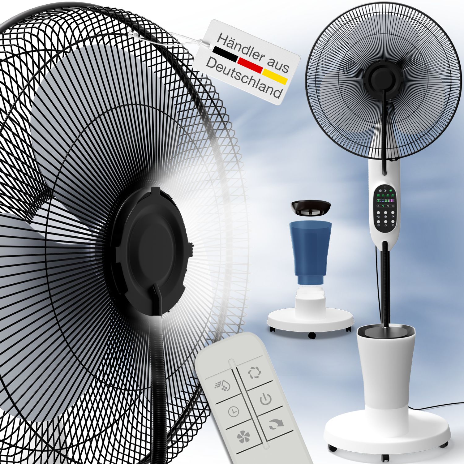 Standventilator mit Luftbefeuchtung, weiß, schwarz. Fernbedienung, Wassertank, Timer. "Händler aus Deutschland"-Etikett.
