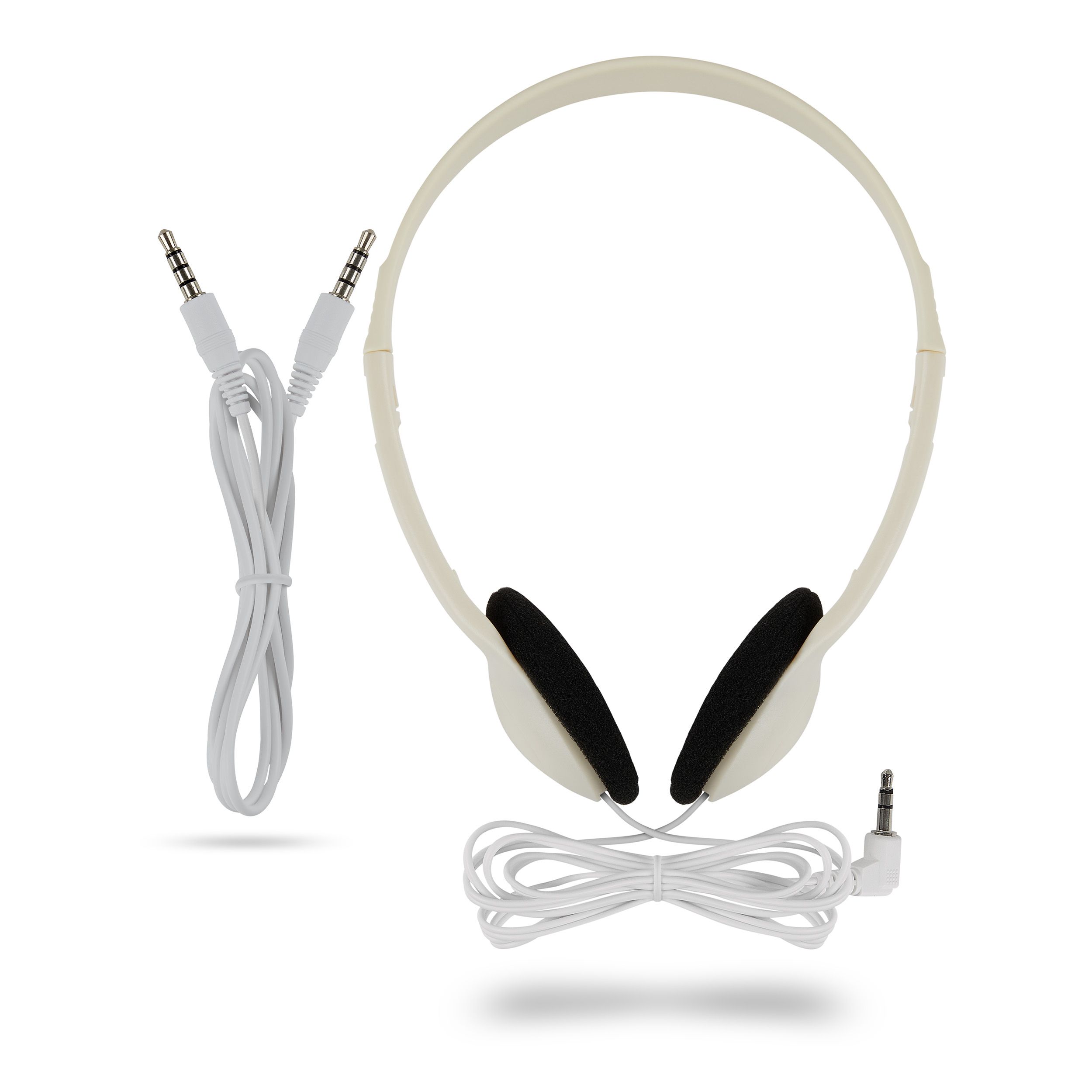 Weißer Kopfhörer mit schwarzem Polster. Zwei Kabel mit Klinkensteckern.