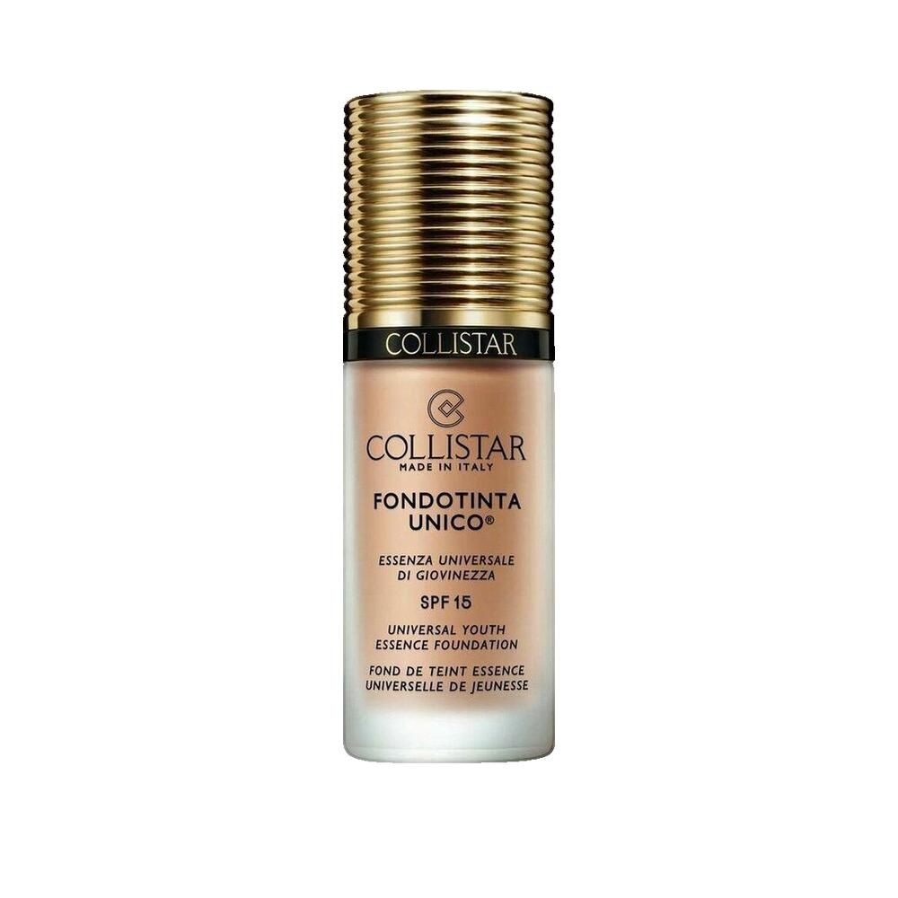 Collistar Unico Nº 6N Caramel Fluide Make-up Basis. Flakon mit goldfarbenem Deckel. Text: Fondotinta Unico, SPF 15.
