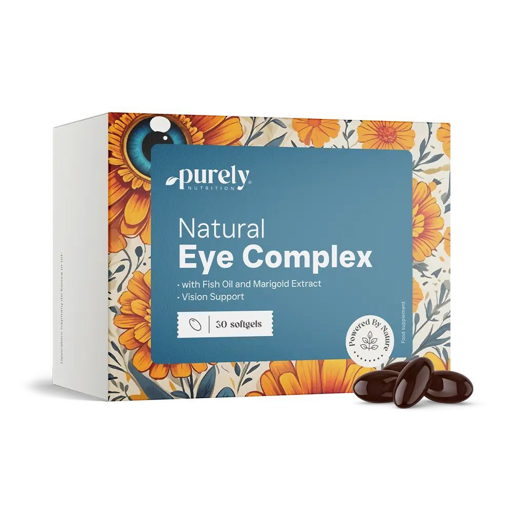 Packung Purely Natural Eye Complex mit 30 Weichkapseln und drei Kapseln daneben.