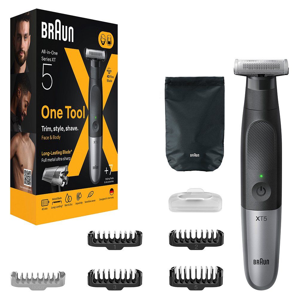 Braun Series XT5 All-in-One, Trimmer, Styler, Rasierer, +7 Zubehörteile, Scharfe 4D-Flex-Klinge, XT
