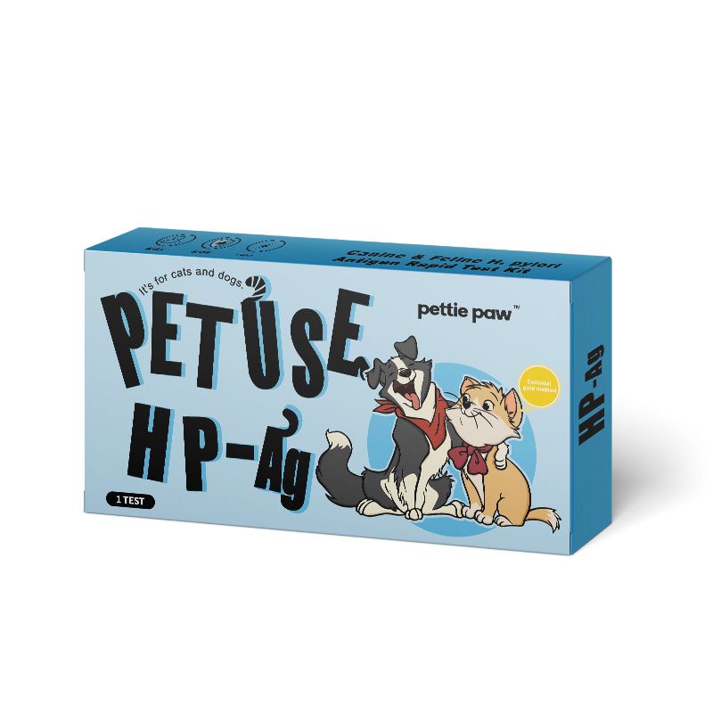 Blauer Karton mit Produktnamen und Illustrationen von Hund und Katze. Text: PETUSE HP-Ag.