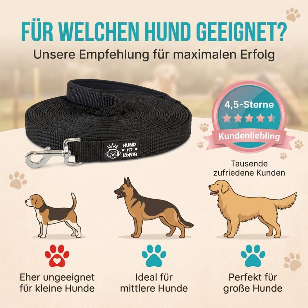Schwarze Schleppleine. Text: "Für welchen Hund geeignet?". Empfehlungen für kleine, mittlere und große Hunde. 4,5-Sterne Kundenliebling.