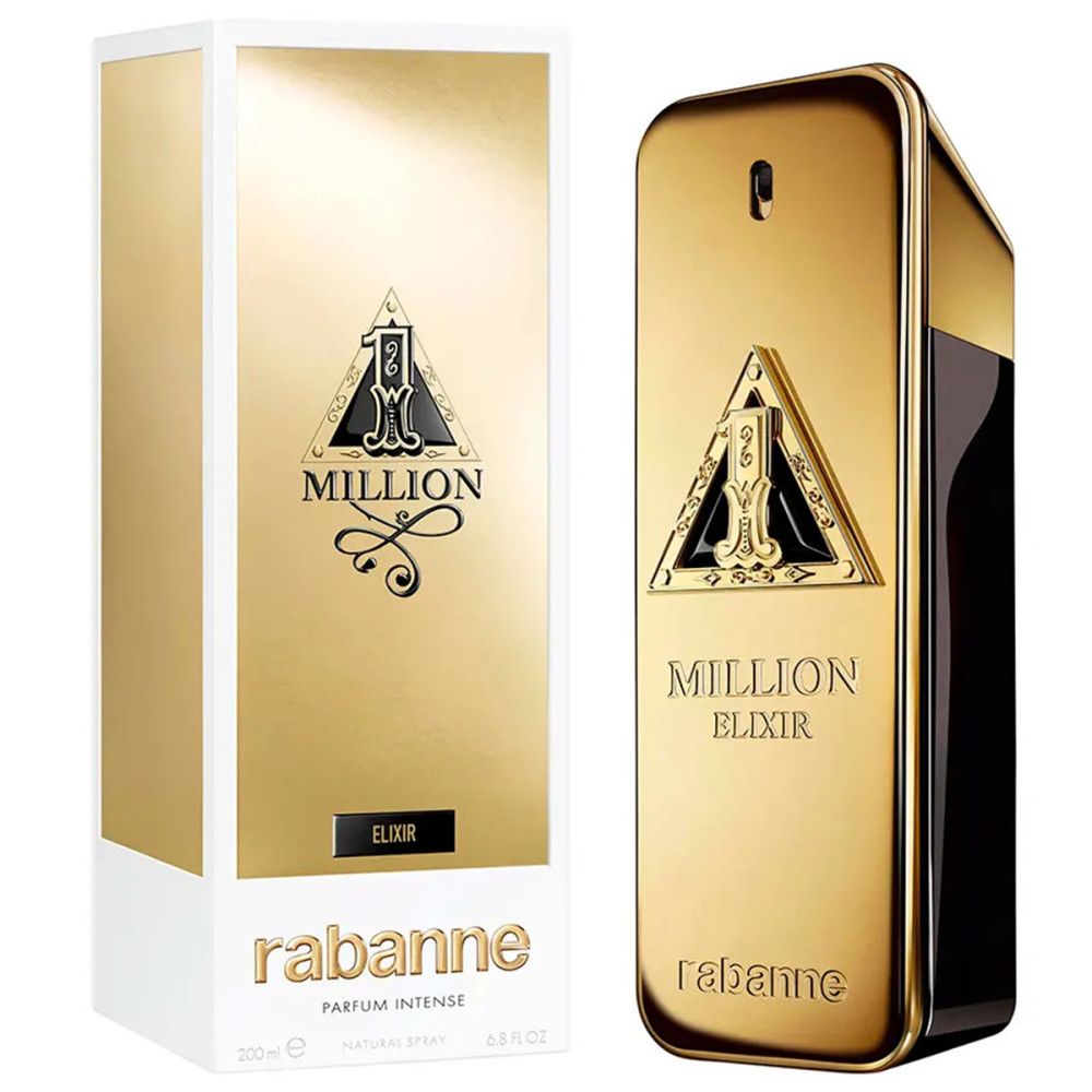Goldfarbener Flakon und Verpackung. Aufschrift "Million Elixir" und "rabanne".