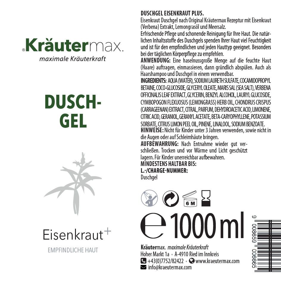 Rückseite einer Kräutermax Duschgel-Flasche. Text: Duschgel Eisenkraut plus. Inhaltsstoffe, Anwendung, Hinweise. Volumen: 1000 ml. Chargennummer.