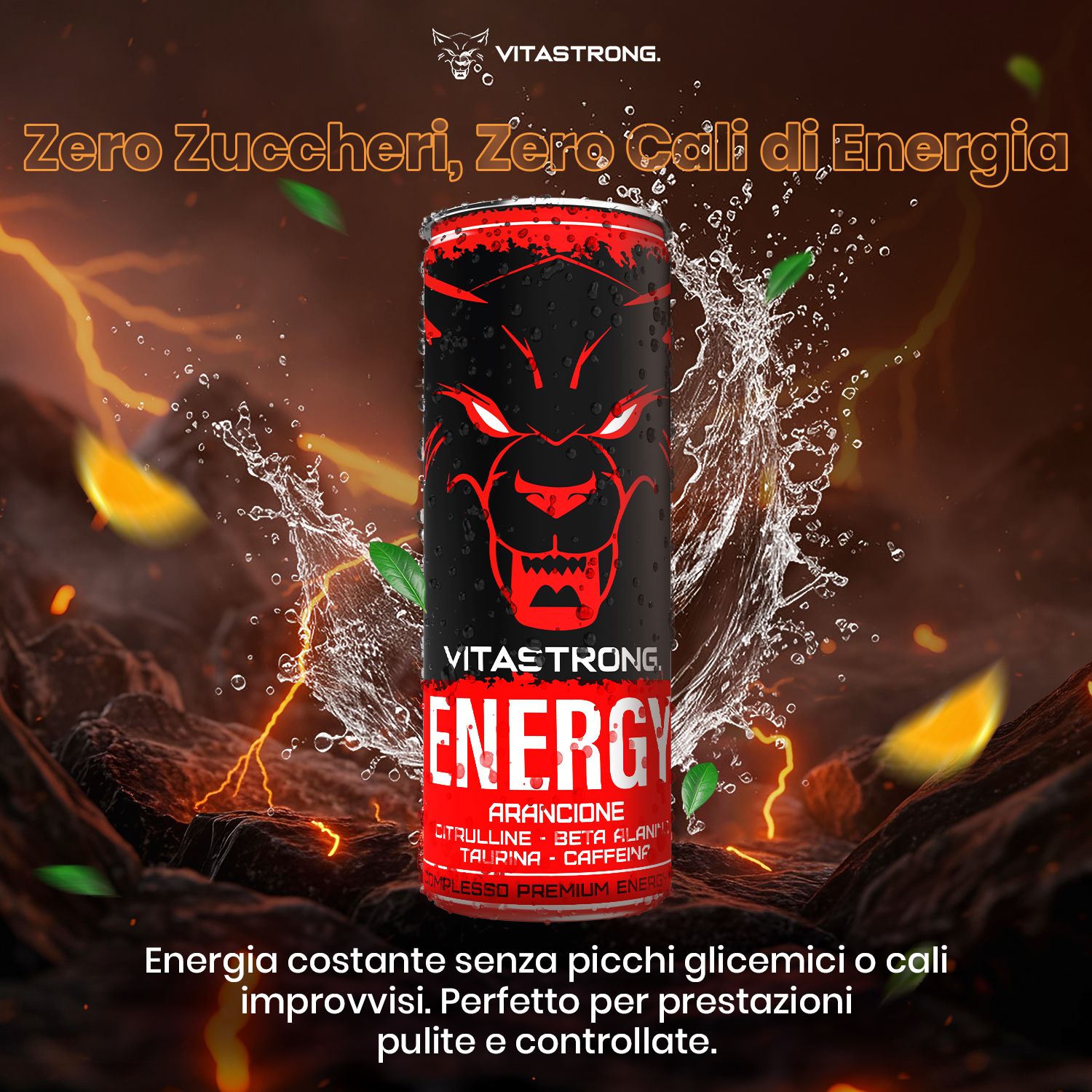 Vitastrong Energy Orange Dose. Abbildung mit Wasser und Orange-Scheiben. Text: Zero Zucker.