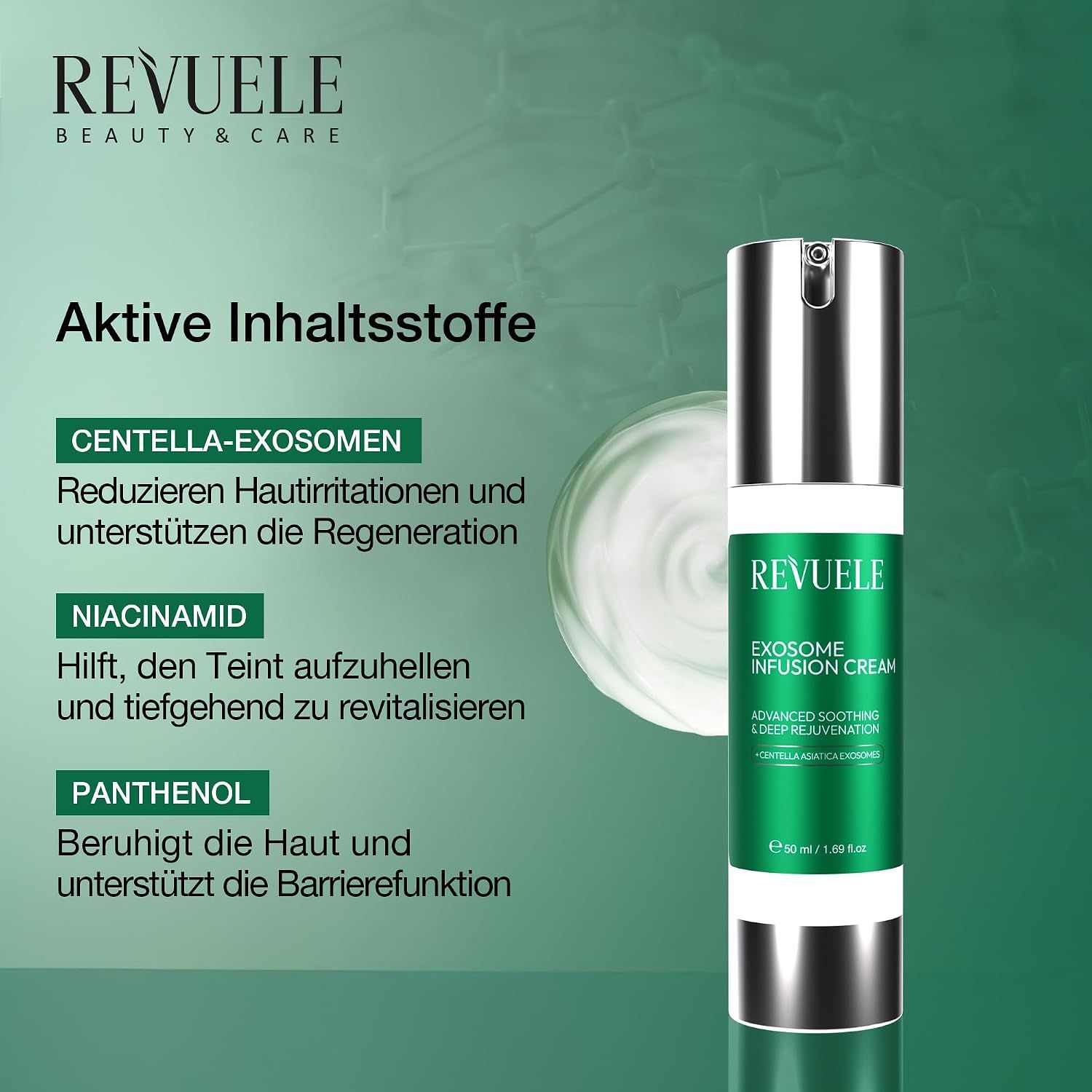 Flasche und Schachtel mit "Revuele Exosome Infusions-Creme" Aufschrift.