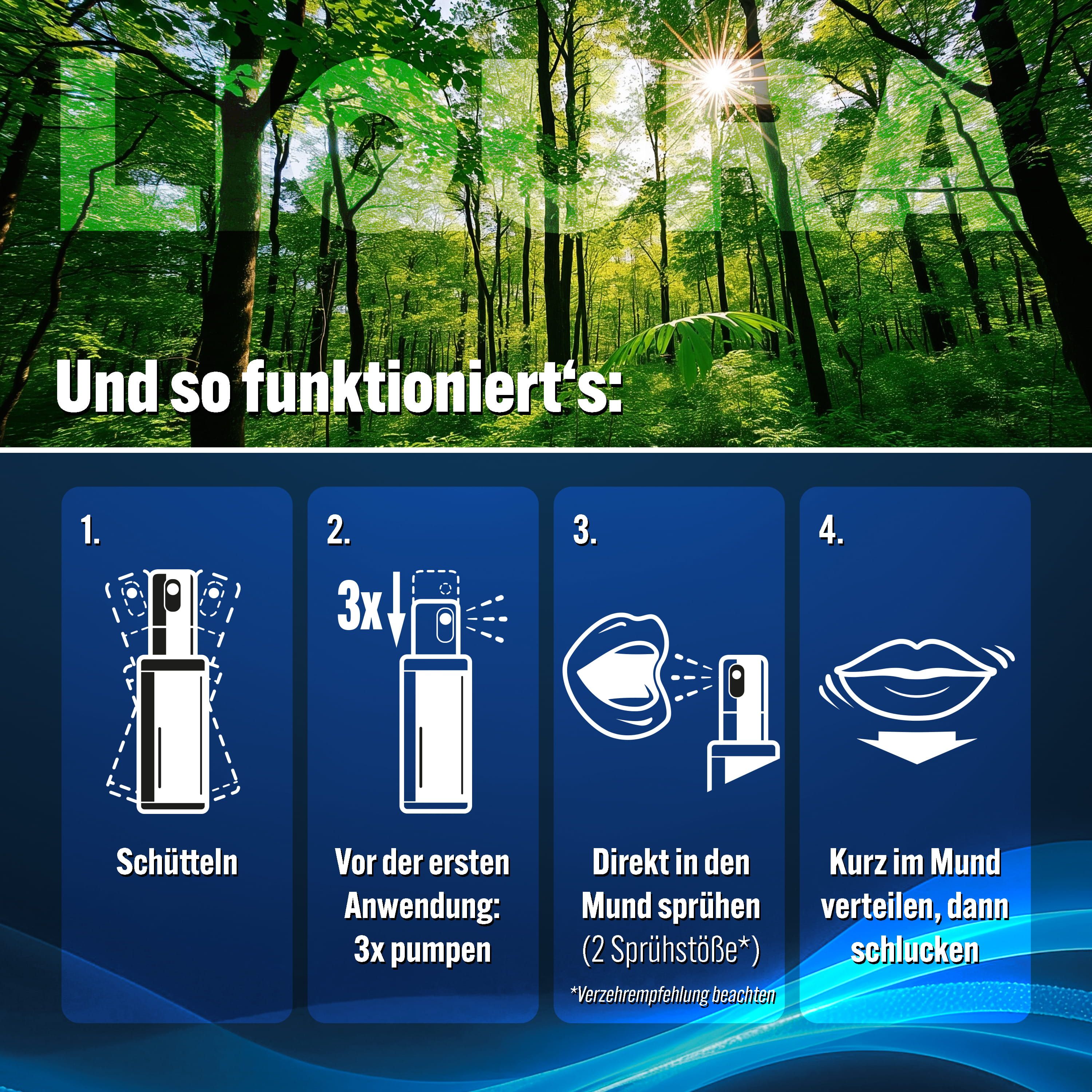 Anwendungshinweise für LIQURA Vitamin D3+K2 Spray im Wald-Setting.
