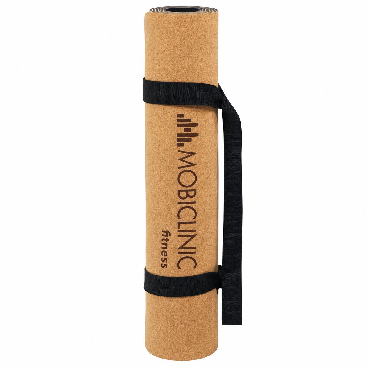 Gerollte braune Yogamatte aus Kork mit Tragegurt und Logo.