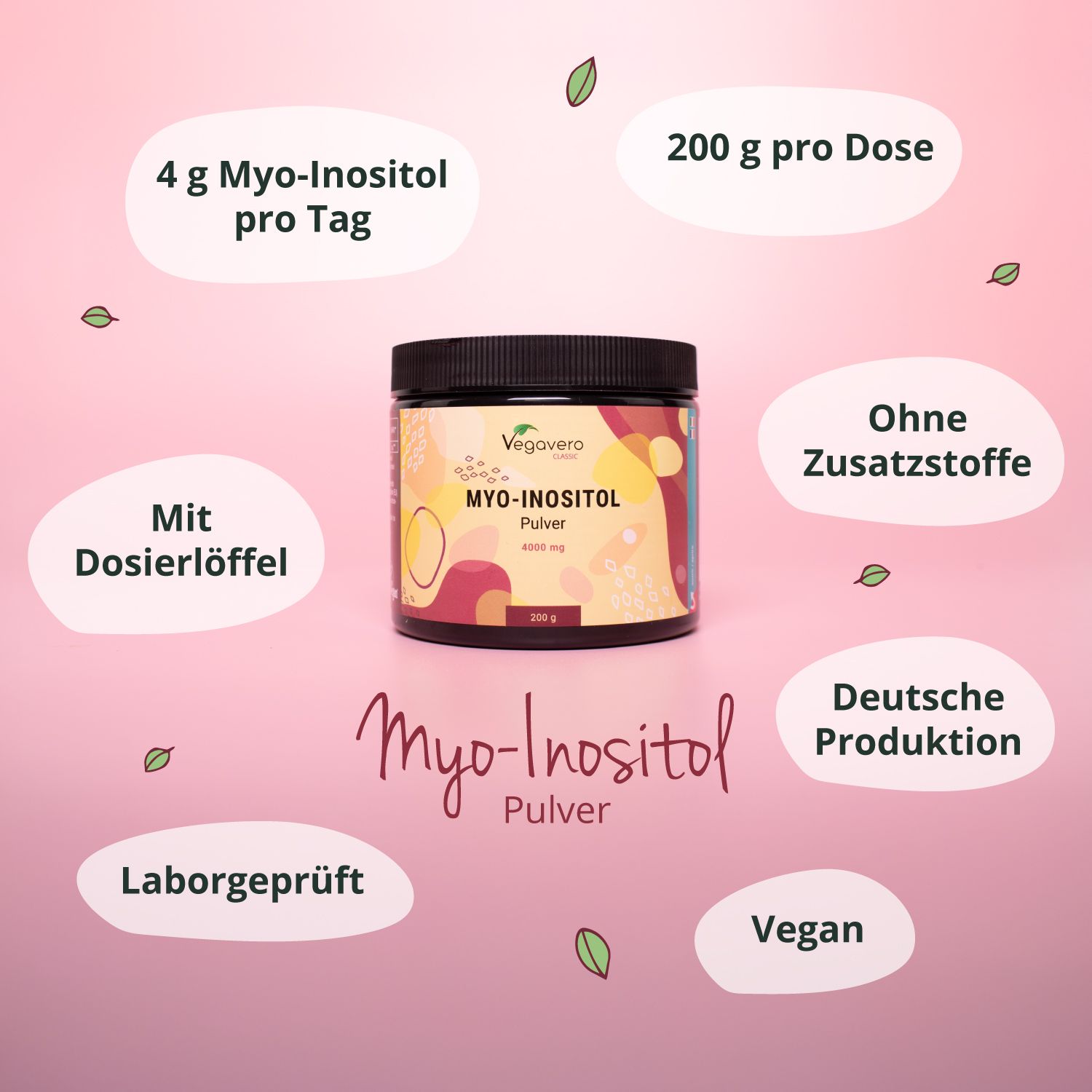 Glas mit Pulver. Aufschrift: MYO-INOSITOL Pulver, 4000 mg, 200 g. Mit Dosierlöffel. Ohne Zusatzstoffe. Vegan.