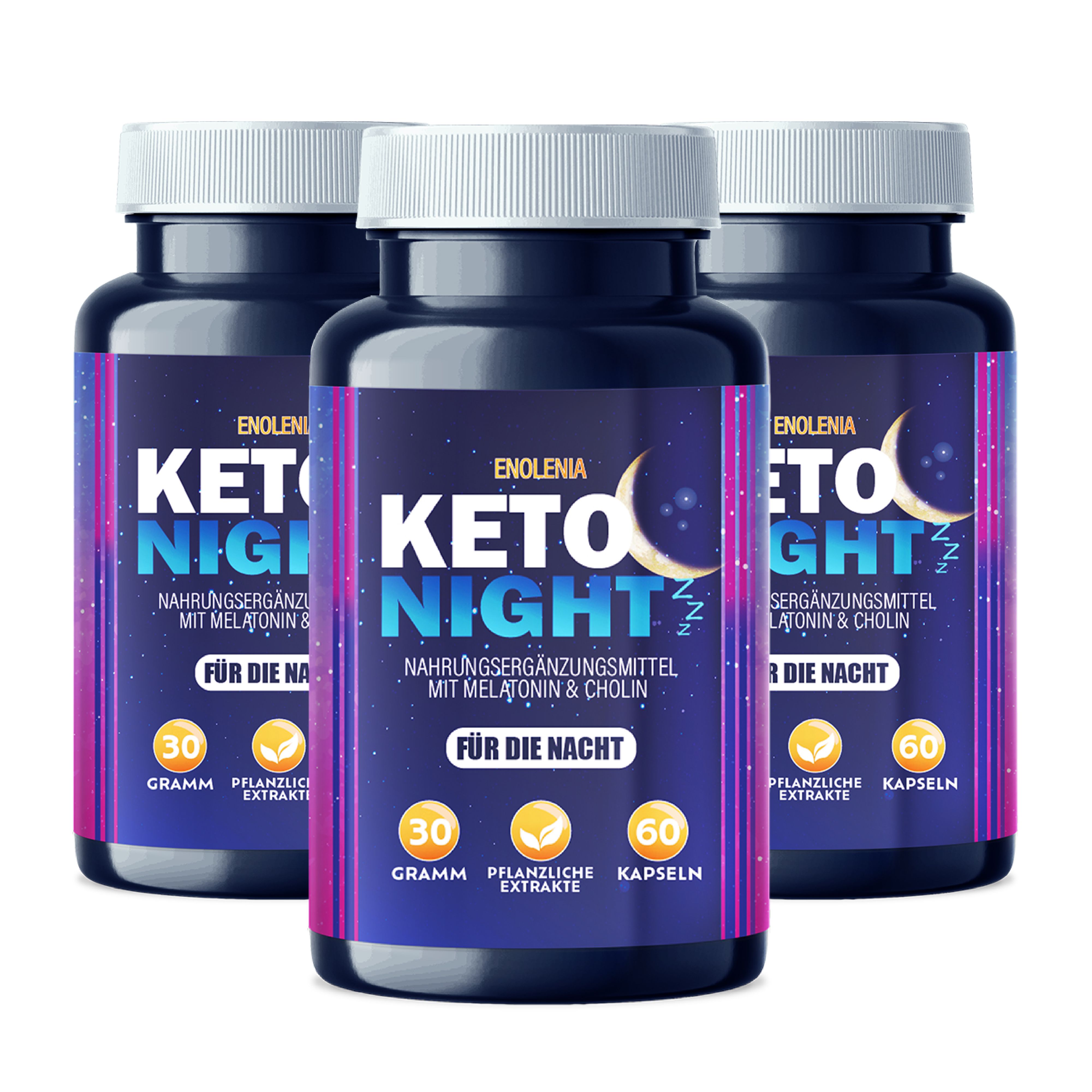 Drei Flaschen Enolenia Keto Night Nahrungsergänzungsmittel mit Melatonin & Cholin.