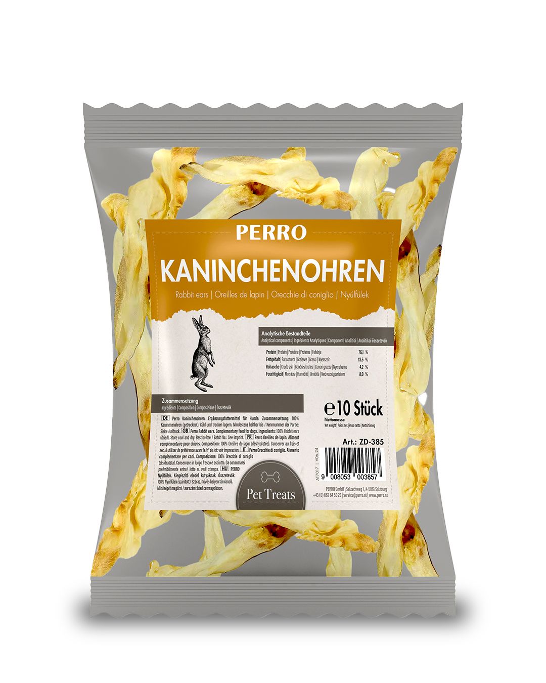 Verpackung mit PERRO Kaninchenohren. Enthält 10 Stück. Aufschrift: Kaninchenohren, Rabbit ears, Oreilles de lapin, Orecchie di coniglio, Nyúlfülek.