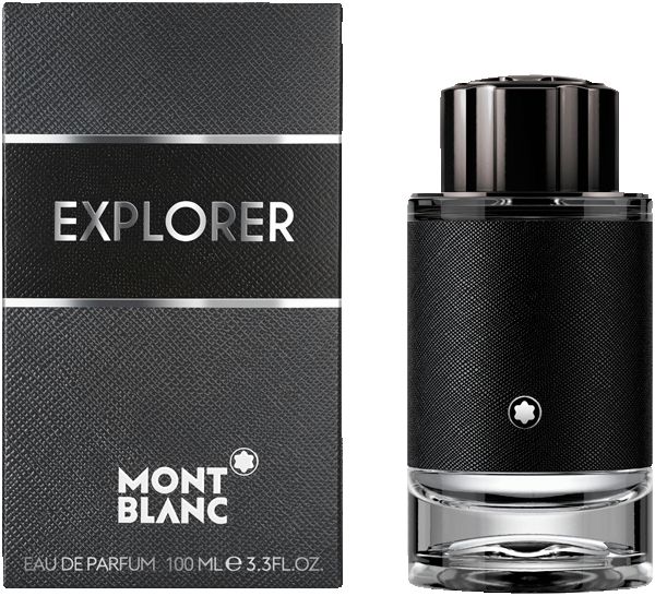 Schwarzer Flakon mit schwarzem Deckel und Verpackung. Auf der Verpackung steht "EXPLORER" und "MONTBLANC".