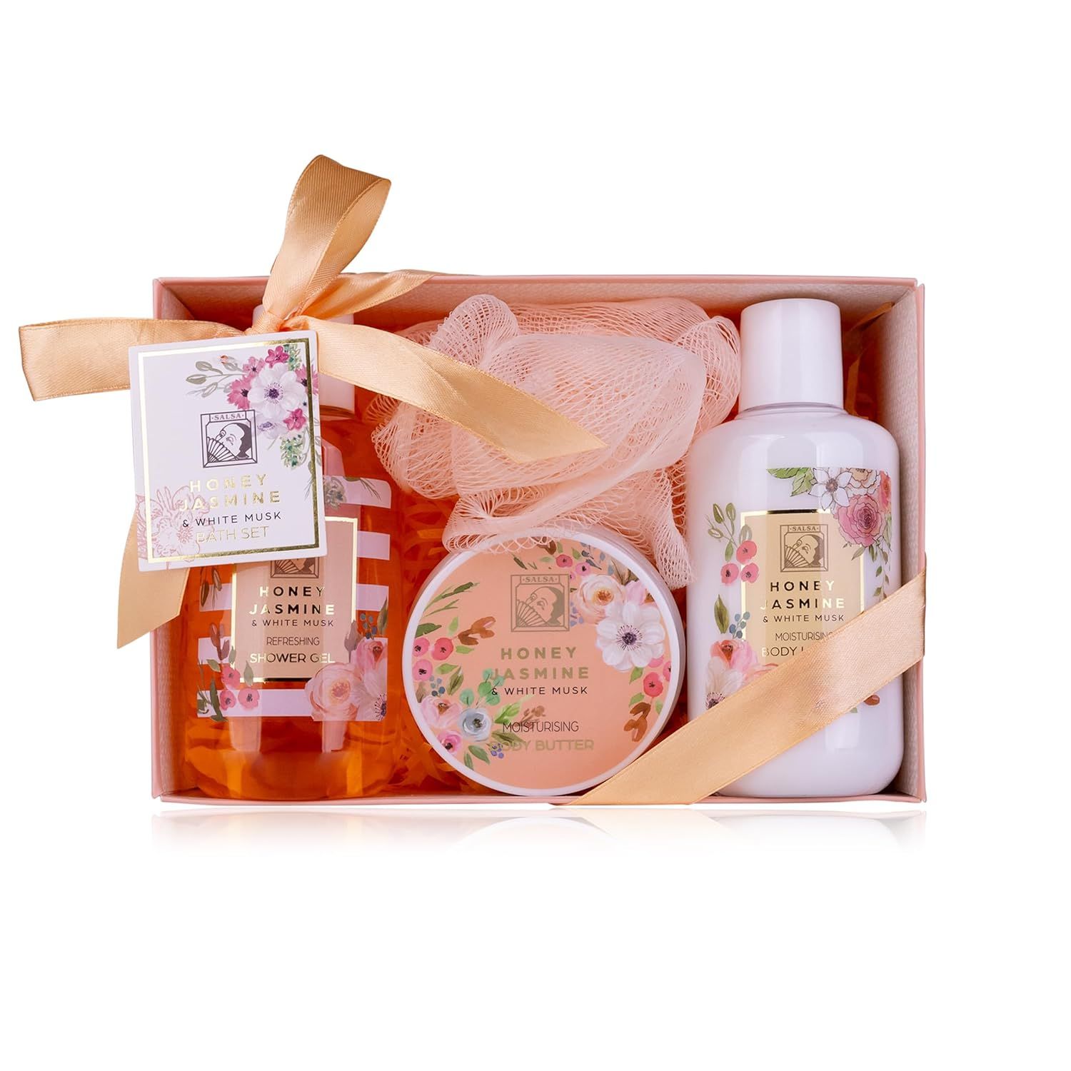 Geschenkbox mit Duschgel, Bodylotion, Körperbutter und Badeschwamm. Produkte mit floralem Design und Etiketten mit Text.