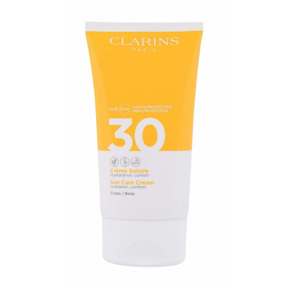 Sonnencreme-Tube, gelb-weiß. Aufschrift: Clarins, UVA/UVB 30, Crème Solaire, Sun Care Cream. Für Körper.