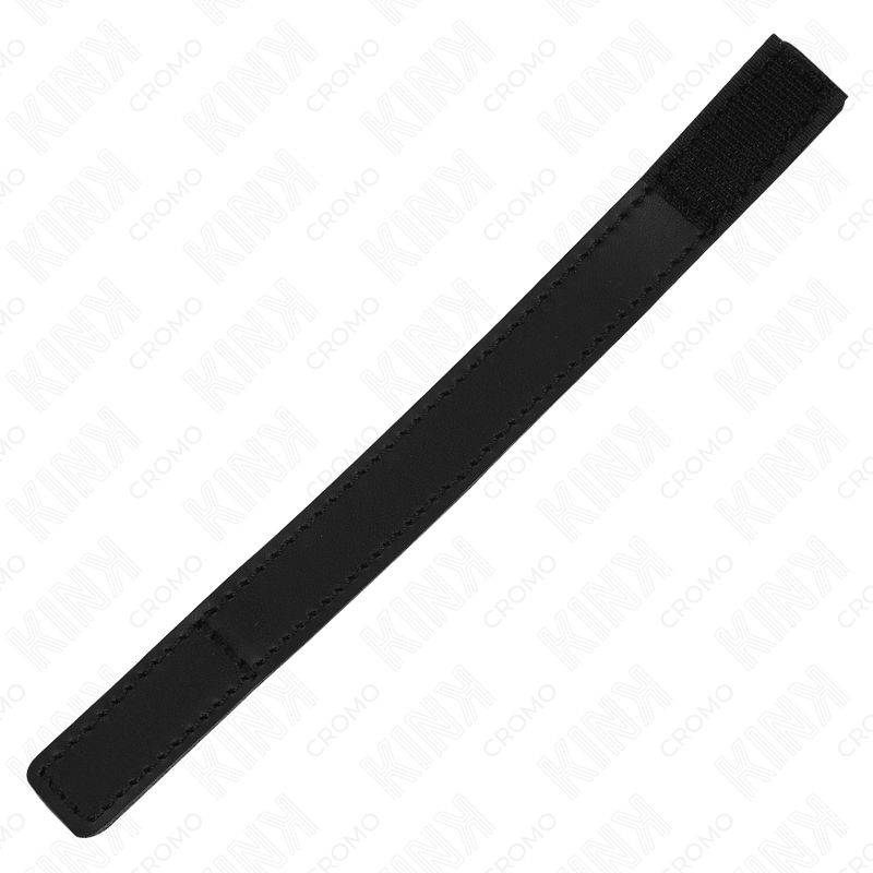 Schwarzes Lederband mit Klettverschluss. Das Band ist aus Leder gefertigt und hat einen Klettverschluss zum Schließen.