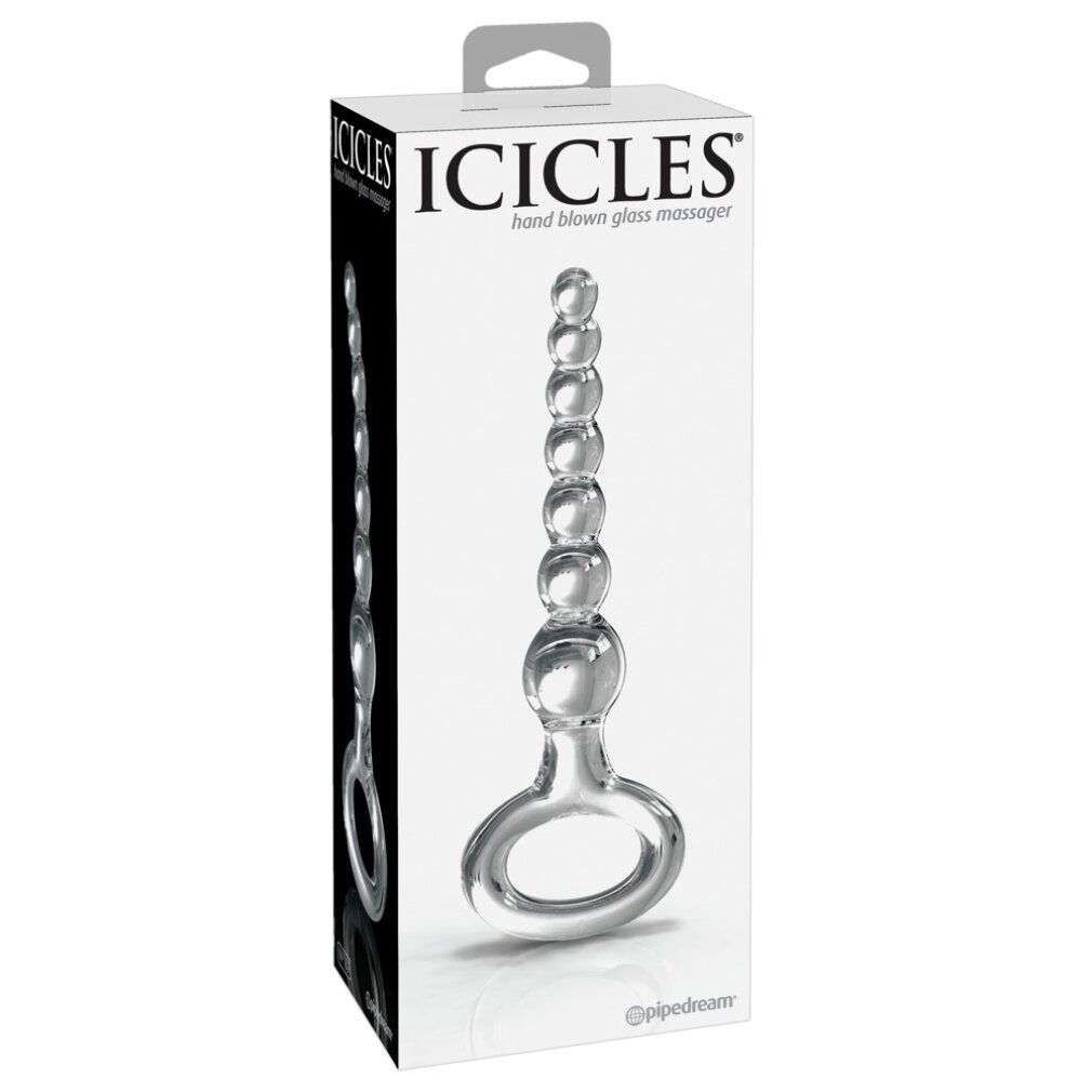 Produkt in Verpackung. Glas-Analkugelkette mit ovalem Griff und Kugeln. Marke ICICLES. Schwarzer und weißer Karton.