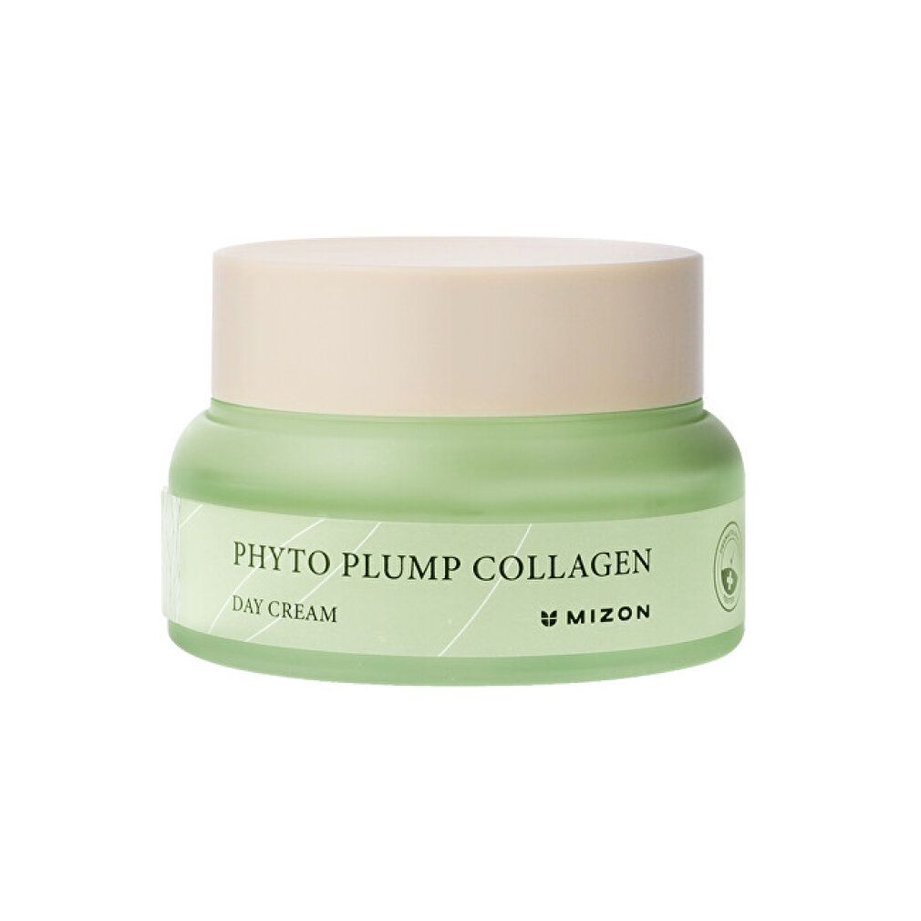 Grüne Creme-Dose mit beigem Deckel. Aufschrift: Phyto Plump Collagen Day Cream, Mizon.
