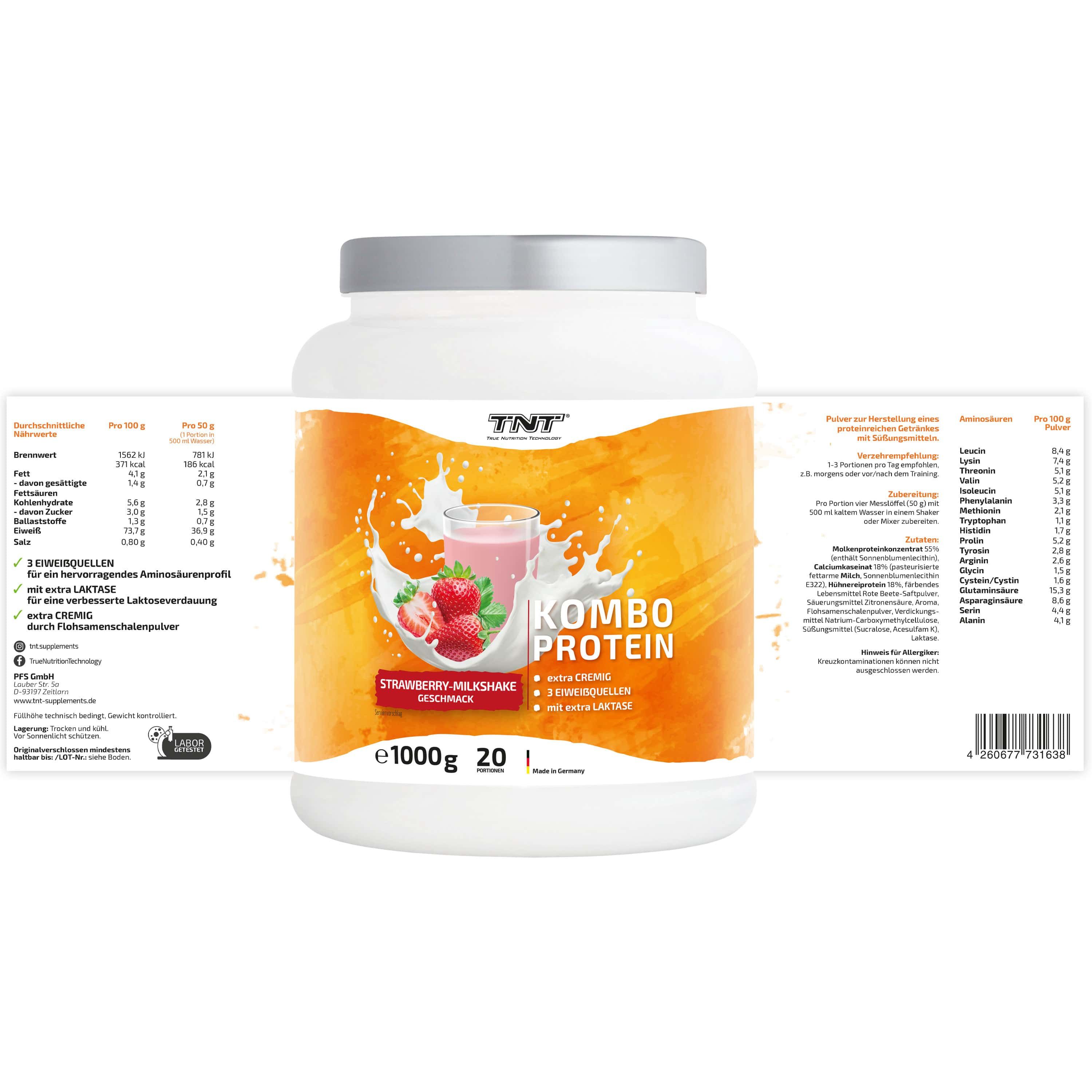 TNT Kombo Protein-Behälter, Erdbeer-Milchshake-Geschmack. Nährwertangaben und Zutatenliste auf der Verpackung.