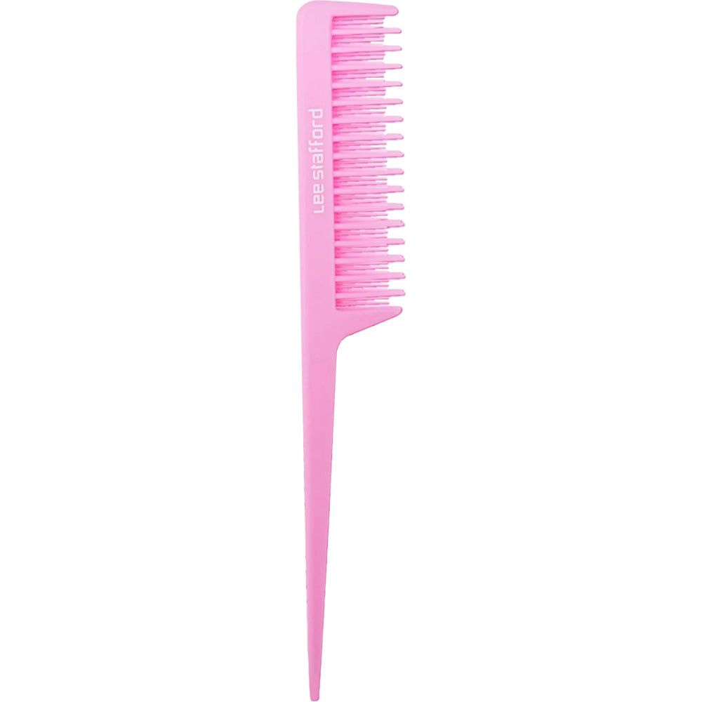 Ein einzelner, langer, schmaler, pinker Kamm mit feinen Zinken und einem spitzen Griff.
