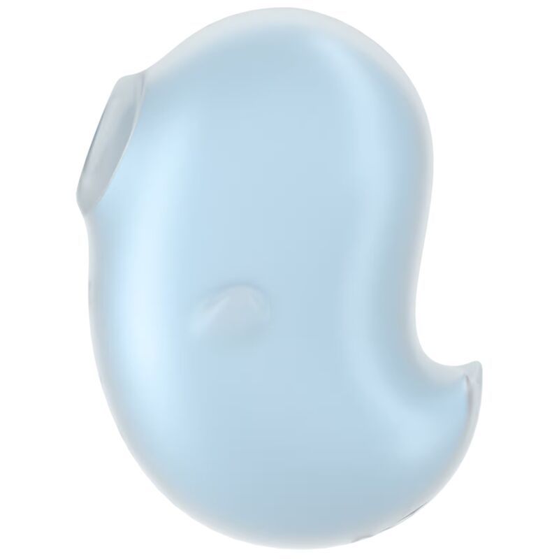 Hellblauer Auflegevibrator in Geisterform. Aus Silikon. Mit abgerundeter Form und einer Öffnung.