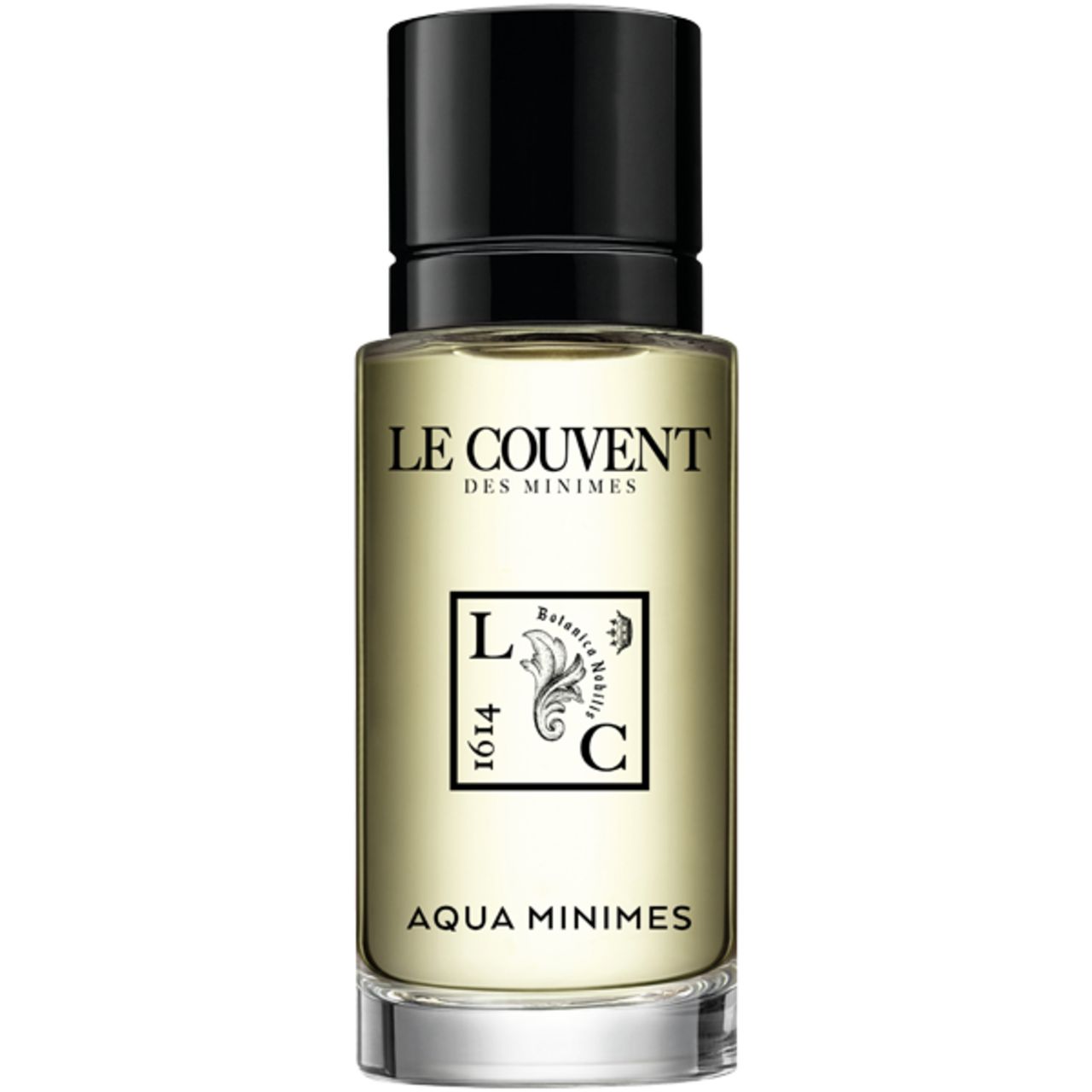 Glasflakon mit schwarzem Verschluss. Aufschrift: Le Couvent des Minimes, Aqua Minimes. Logo mit LC und 1614.