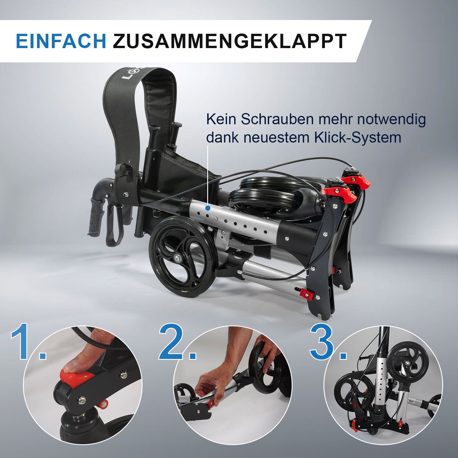 Rollator mit schwarzem Sitz, Tasche und Rädern. Marke: Lösch. Einfach zusammengeklappt.