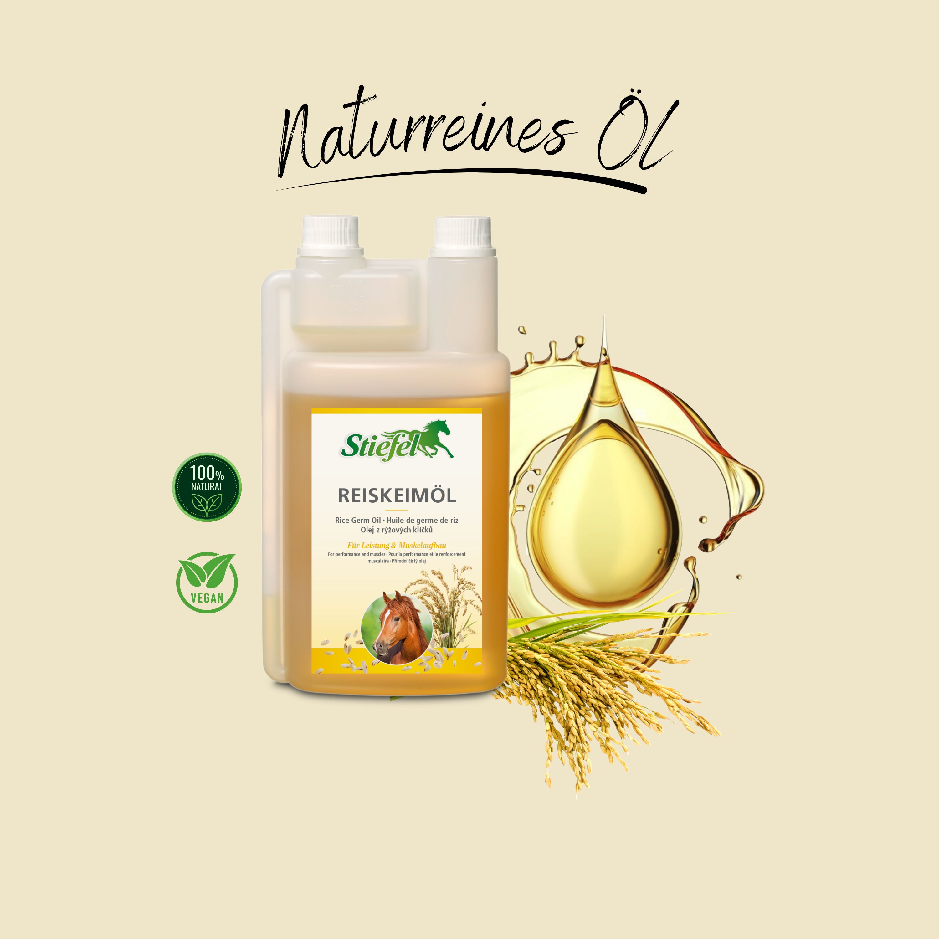 Flasche mit Etikett. Aufschrift: Stiefel Reiskeimöl. Logo: Pferd. Tropfen Öl und Reisähren.
