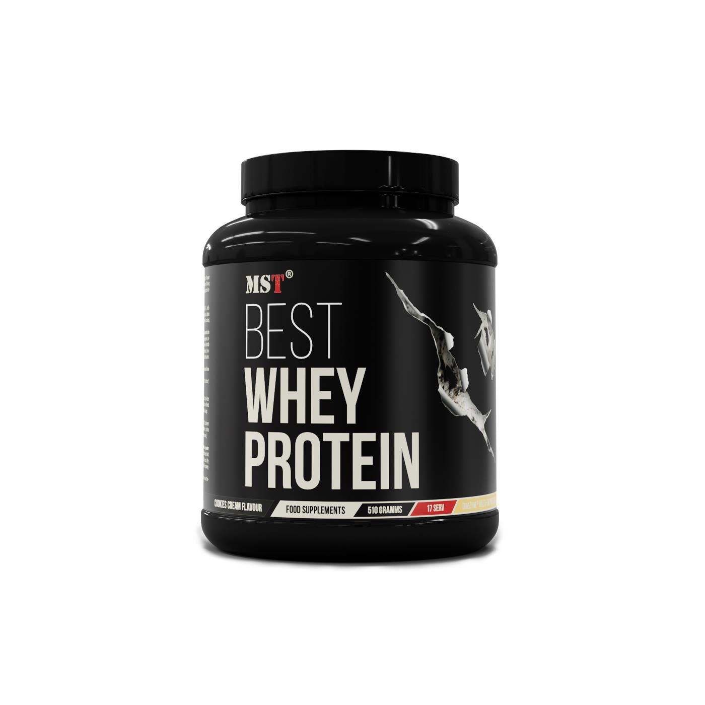 Schwarze Dose mit "MST Best Whey Protein". Aufschrift und Abbildung. 510 Gramm, 17 Portionen. Vanille-Geschmack.