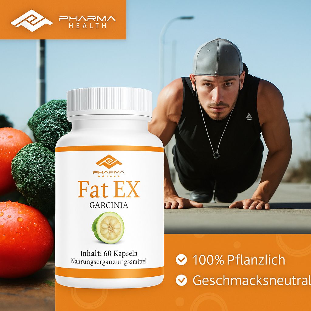 Weiße Flasche mit Kapseln. Aufschrift: Fat EX, Garcinia. Enthält 60 Kapseln. Pharma Health Logo. Mann beim Training.