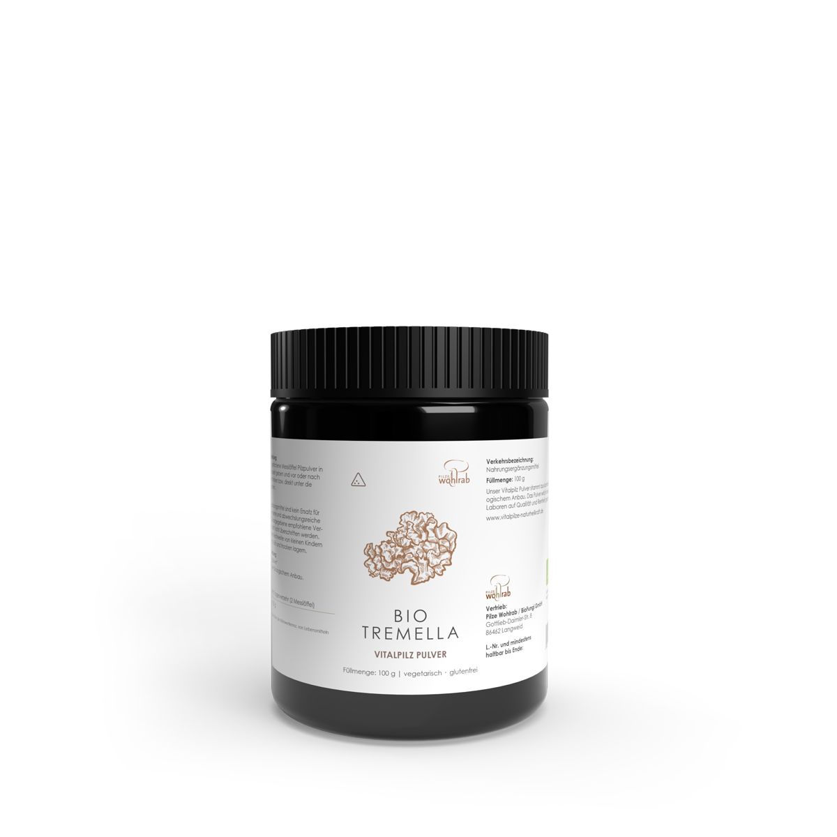 Schwarze Dose mit BIO Tremella Vitalpilz Pulver. Aufschrift: BIO Tremella Vitalpilz Pulver. Daneben Pulverhaufen.