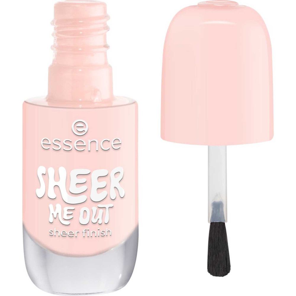 Nagellackflasche, rosa, geöffnet. Bürste sichtbar. Aufschrift: essence, SHEER ME OUT, sheer finish.