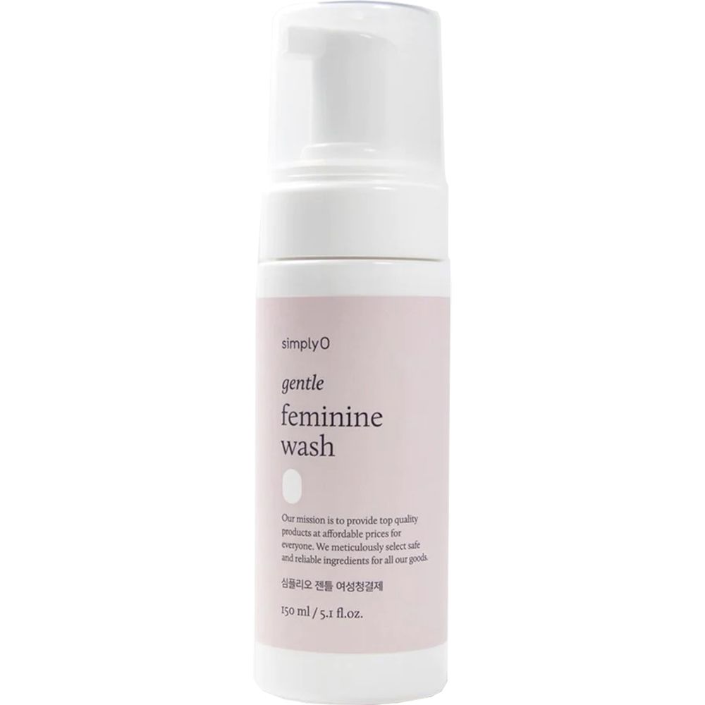 Weißer Spender mit rosa Etikett. Aufschrift: SIMPLYO gentle feminine wash. Text in koreanischer Sprache. 150 ml/5.1 fl.oz.